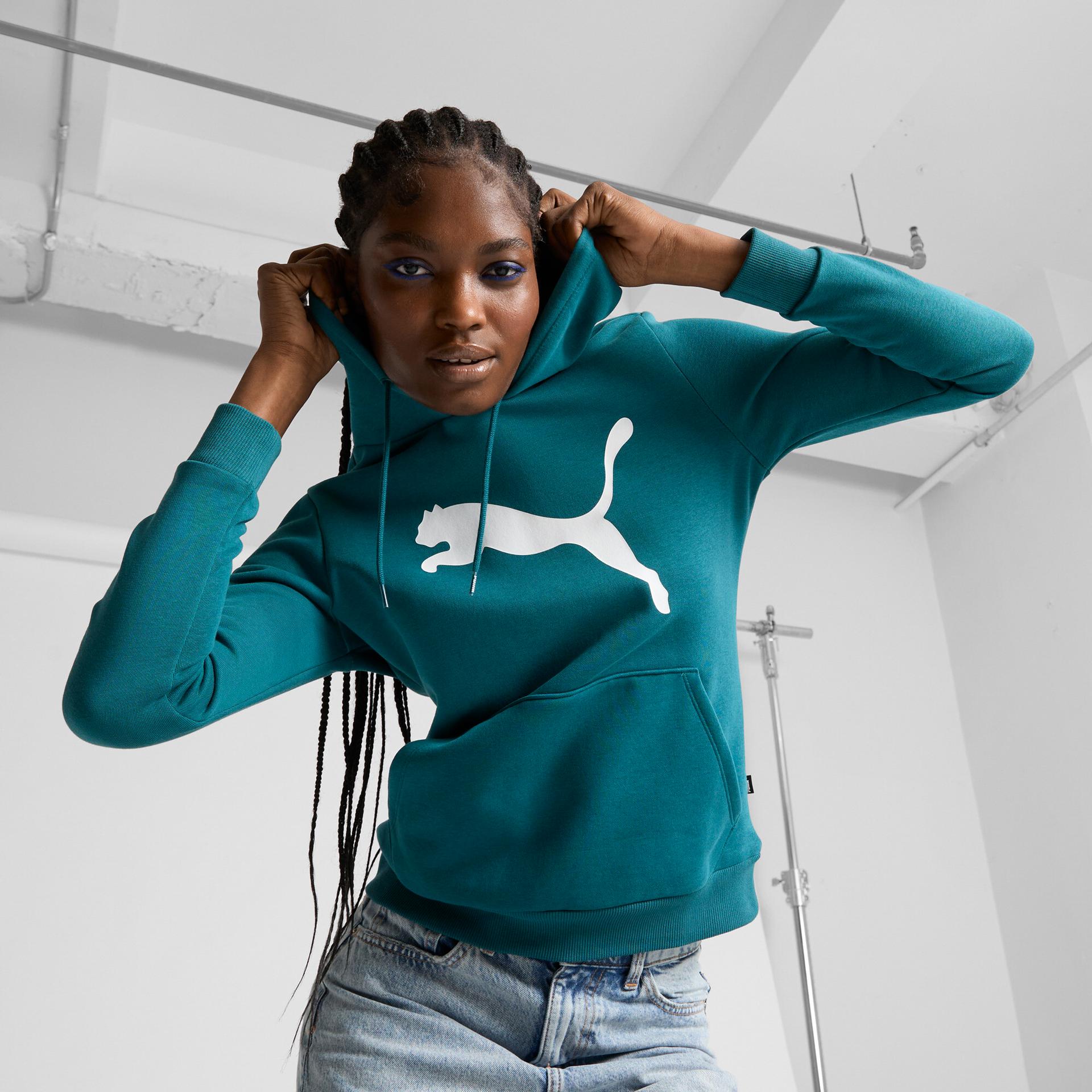 puma essentials women's big cat logo hoodie in green, size xl