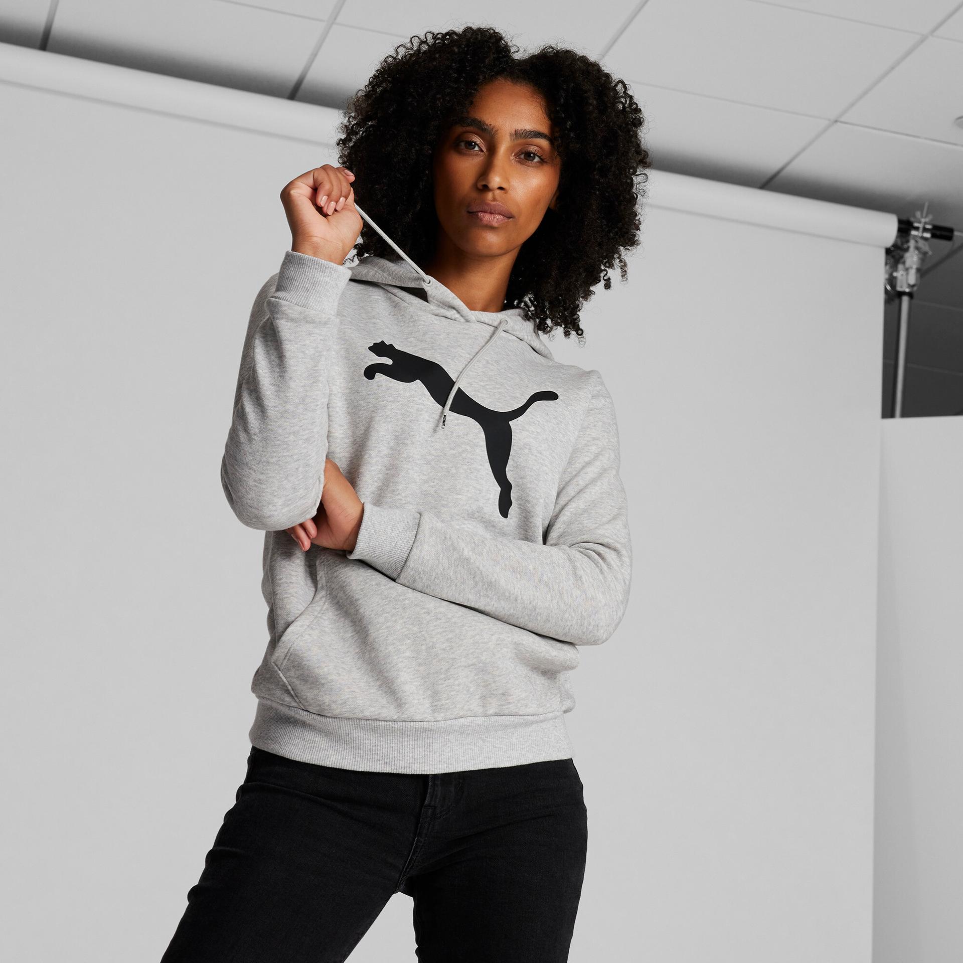 puma essentials women's big cat logo hoodie in grey, size xl