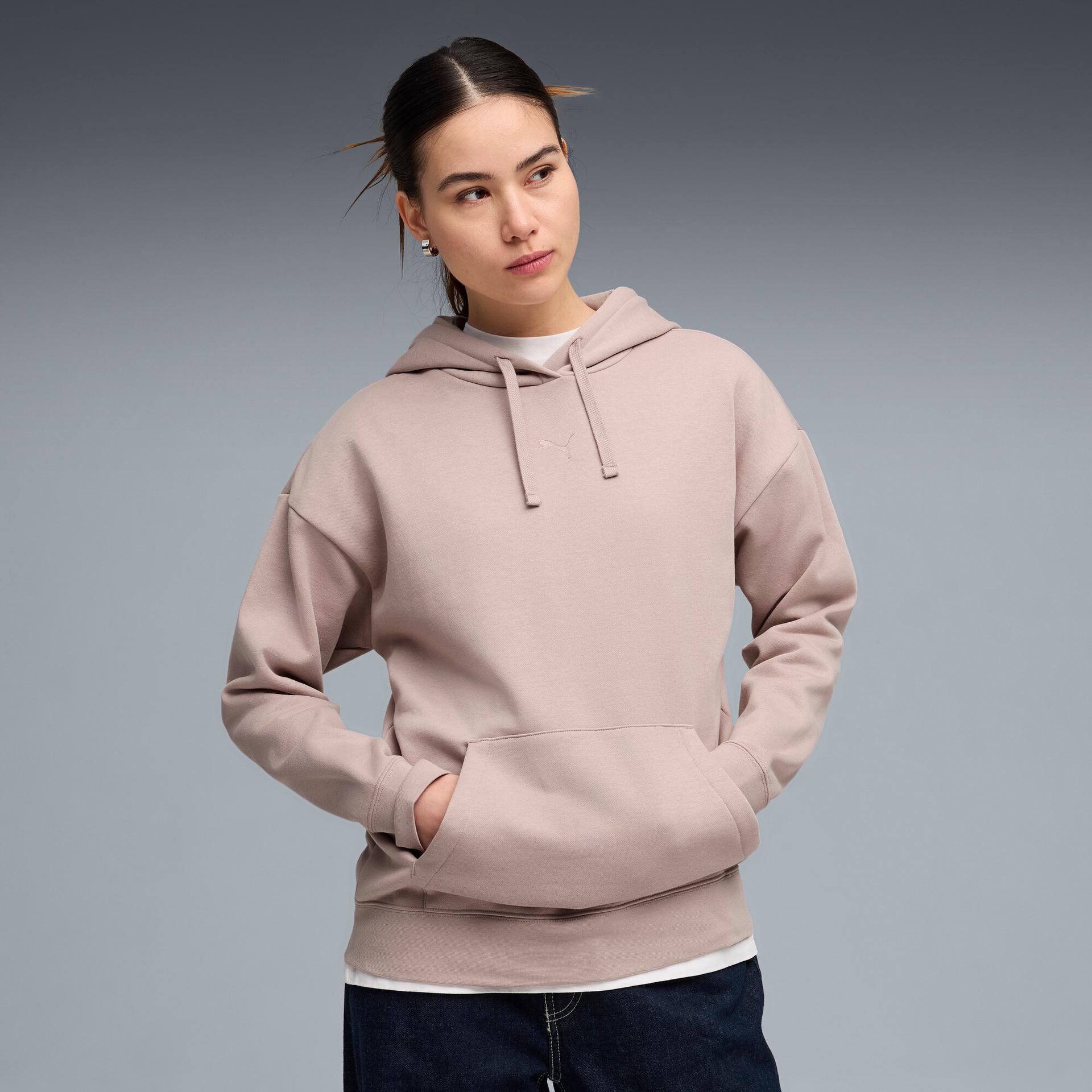 puma essentials women's fleece relaxed hoodie in beige, size xxl