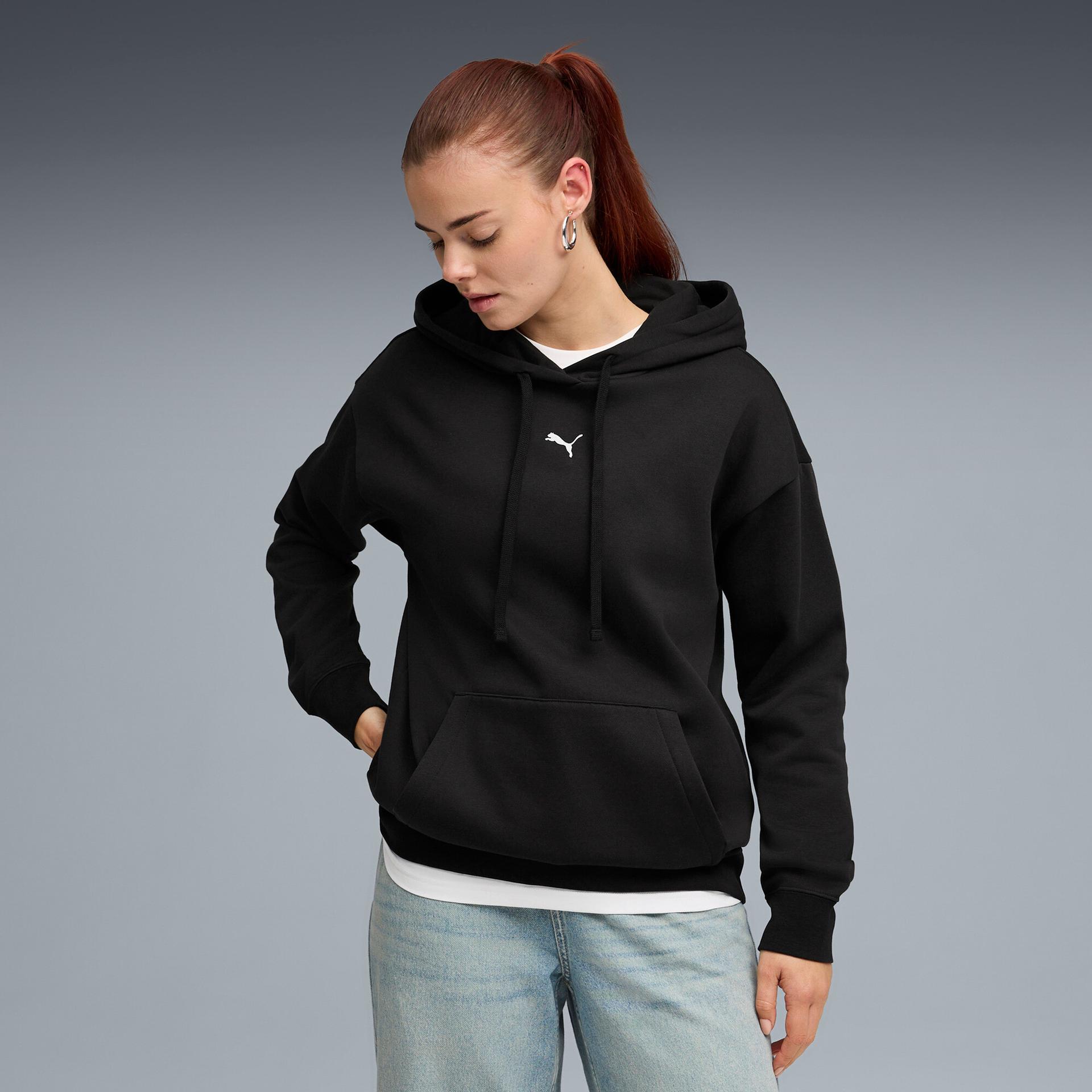 puma essentials women's fleece relaxed hoodie in black, size s
