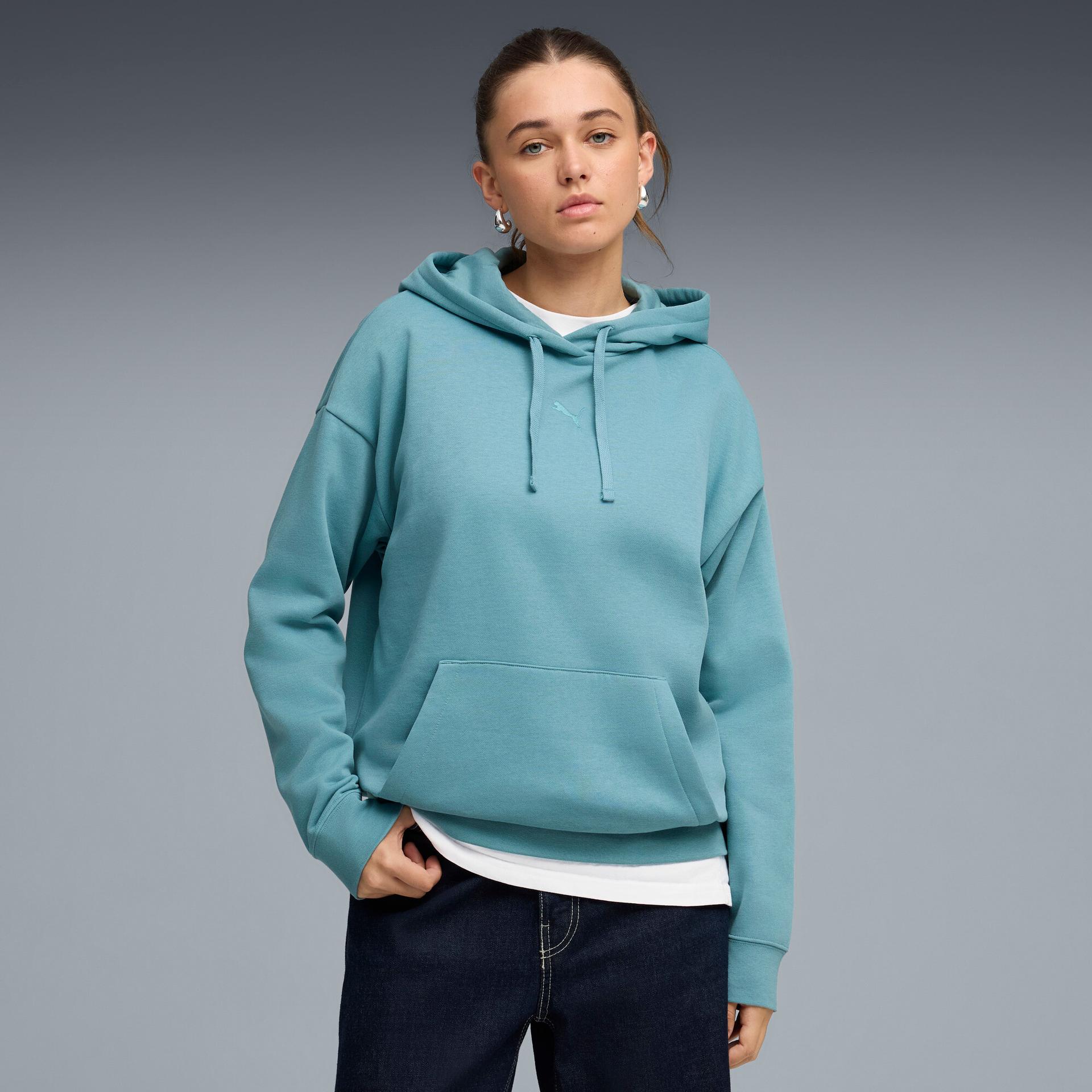 puma essentials women's fleece relaxed hoodie in blue, size xxs