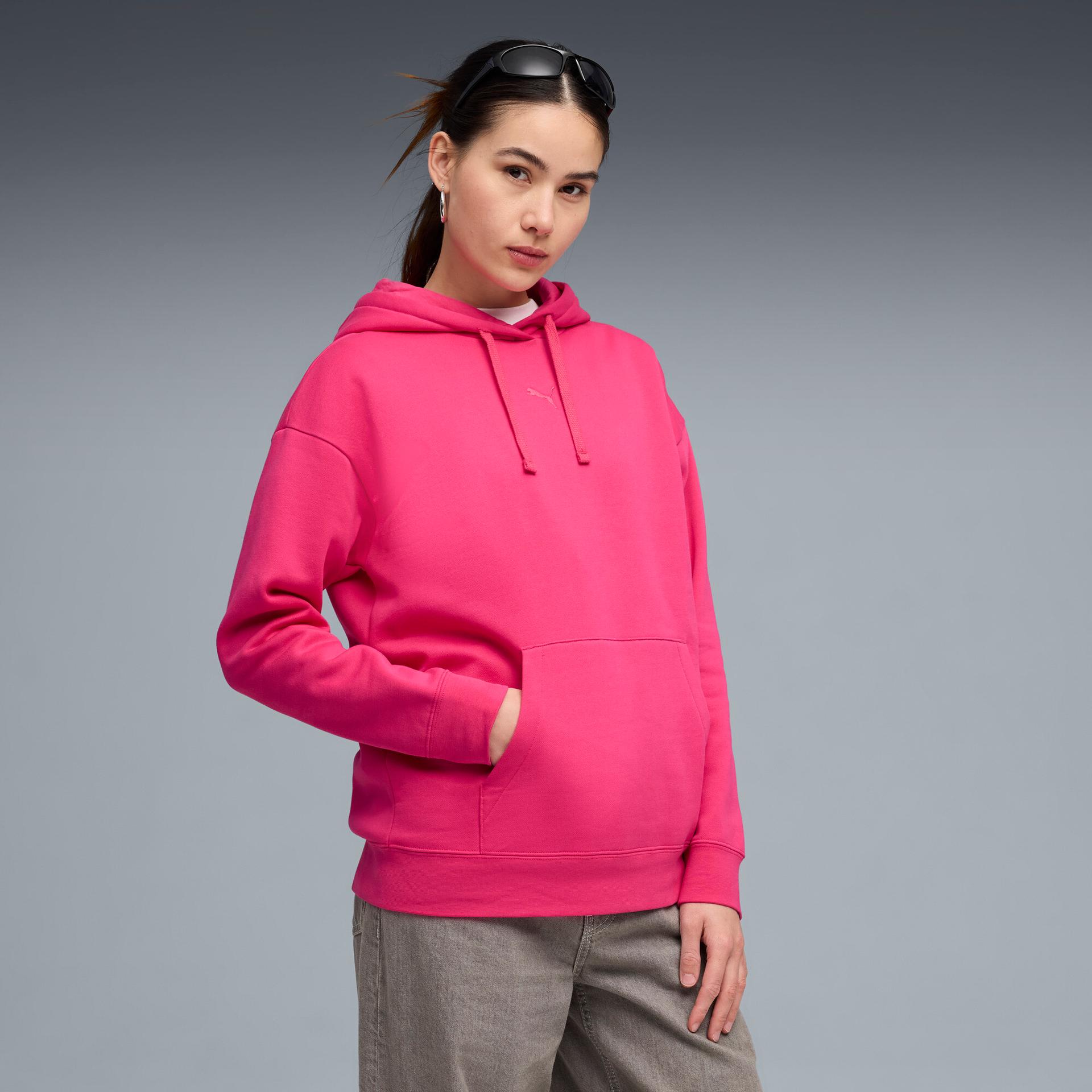 puma essentials women's fleece relaxed hoodie in pink, size m