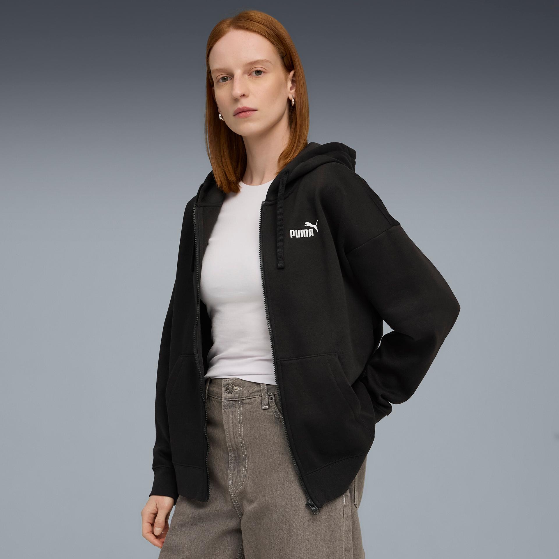 puma essentials women's fleece zip-up hoodie in black, size m