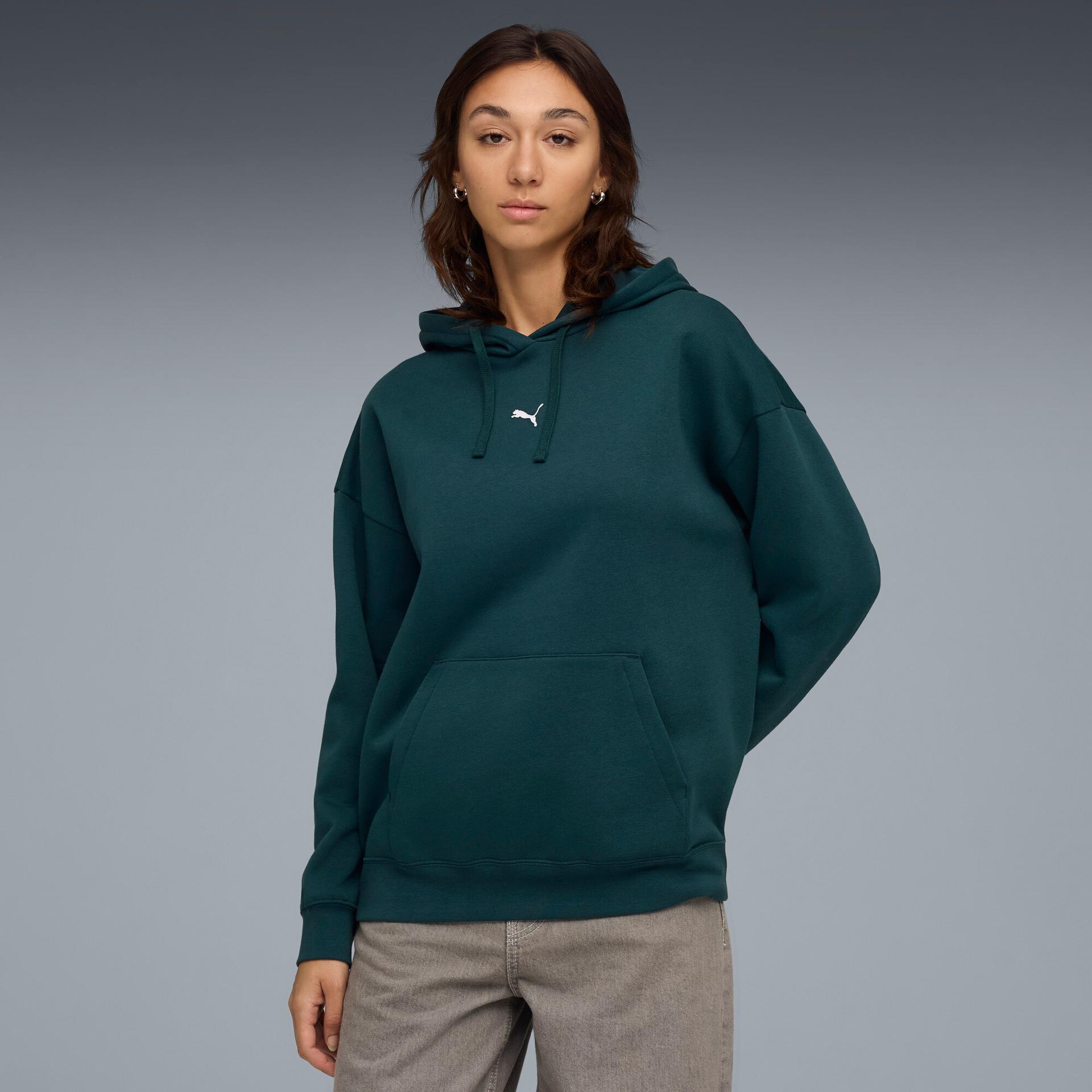 puma essentials women's oversized hoodie in green, size xl