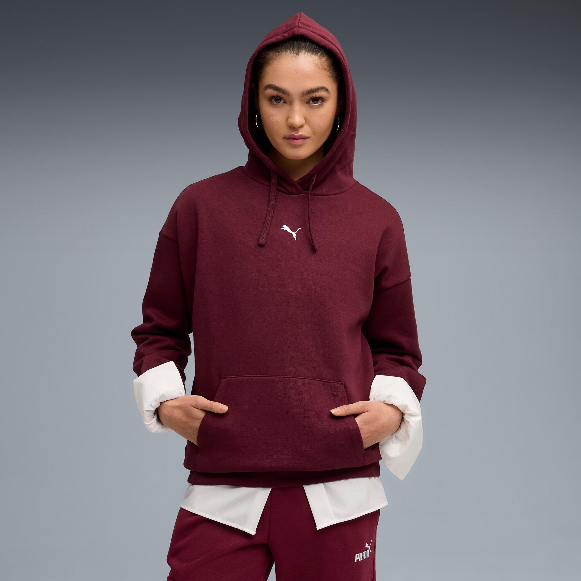 puma essentials women's oversized hoodie in red, size 3xl
