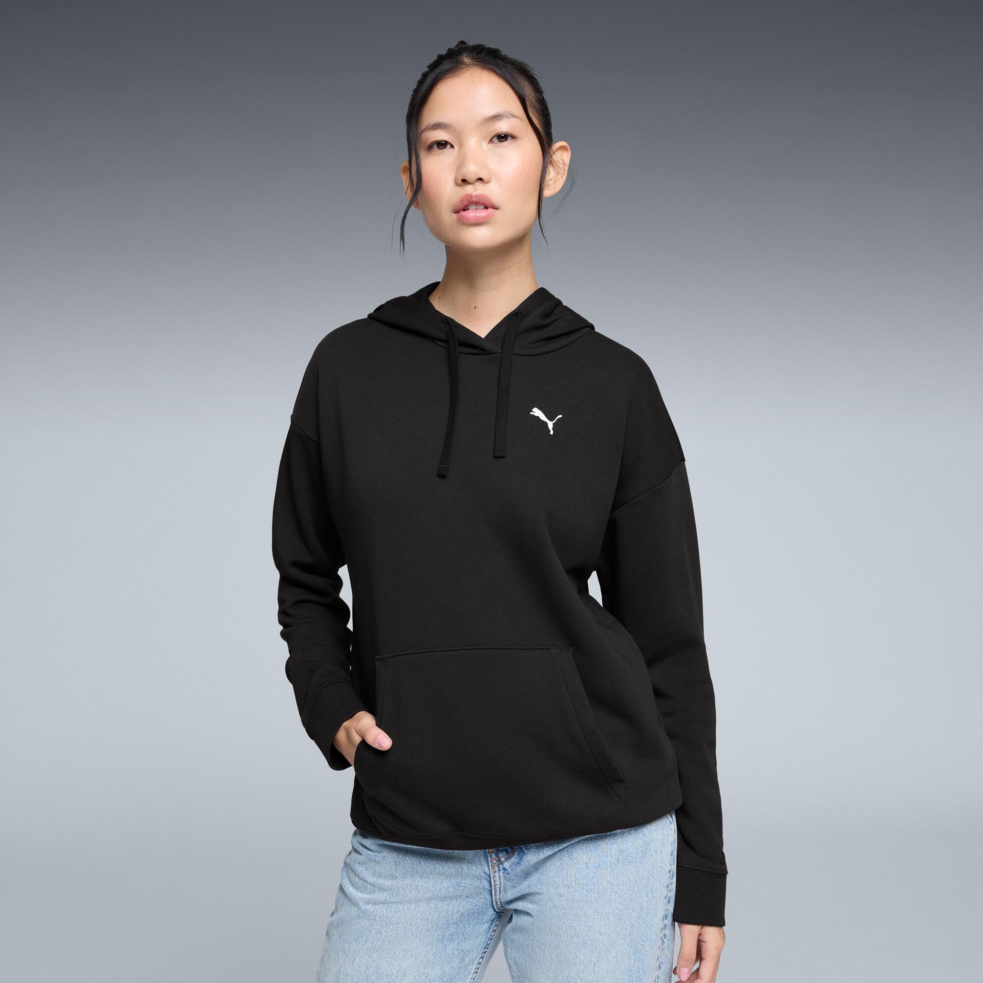 puma essentials women's relaxed hoodie in black, size l
