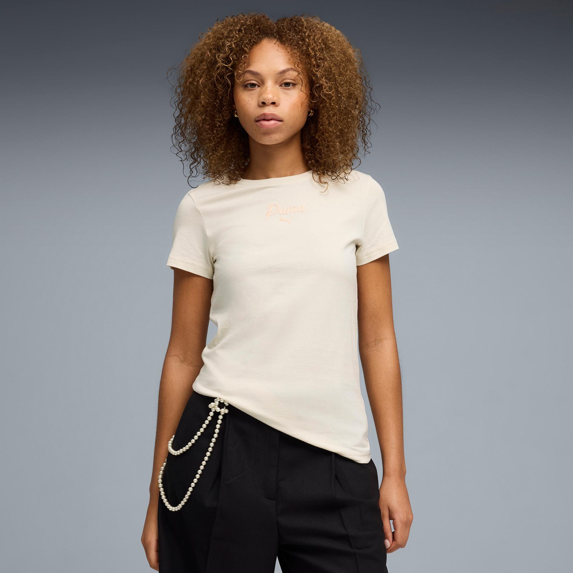 puma essentials women's script t-shirt in white, size l