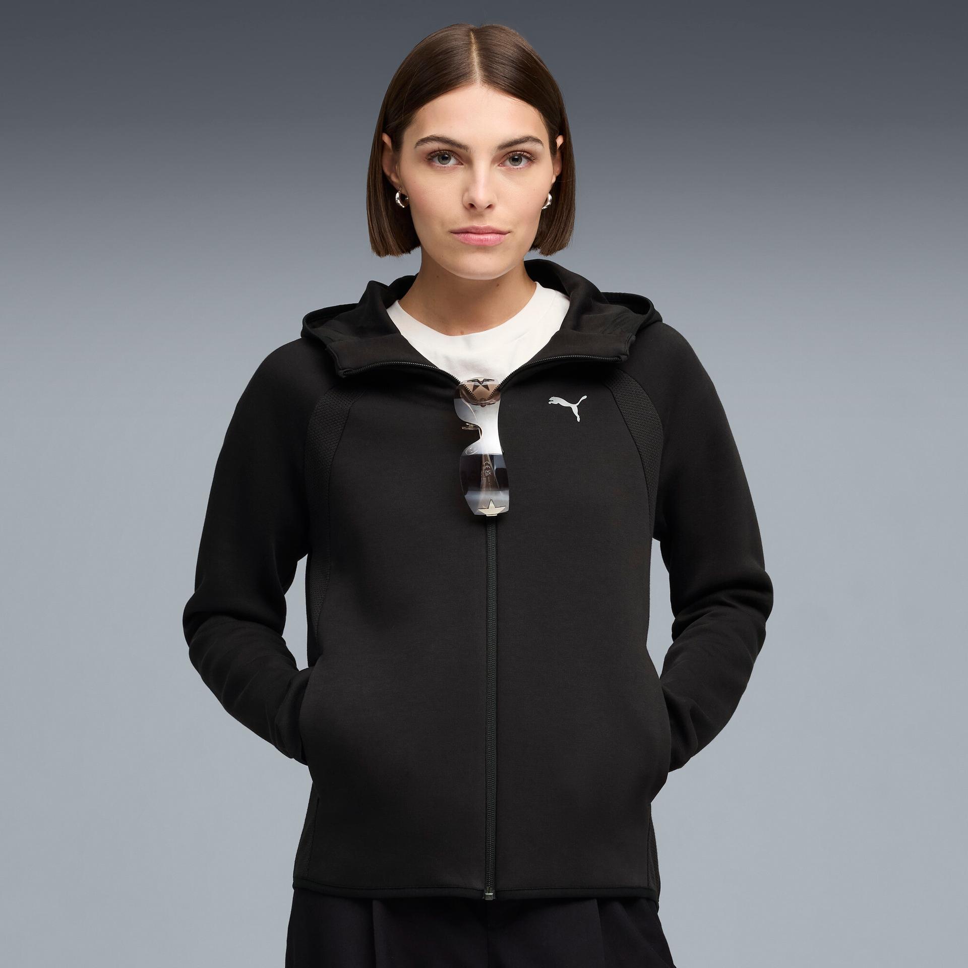 puma evostripe women's zip-up hoodie in black, size l