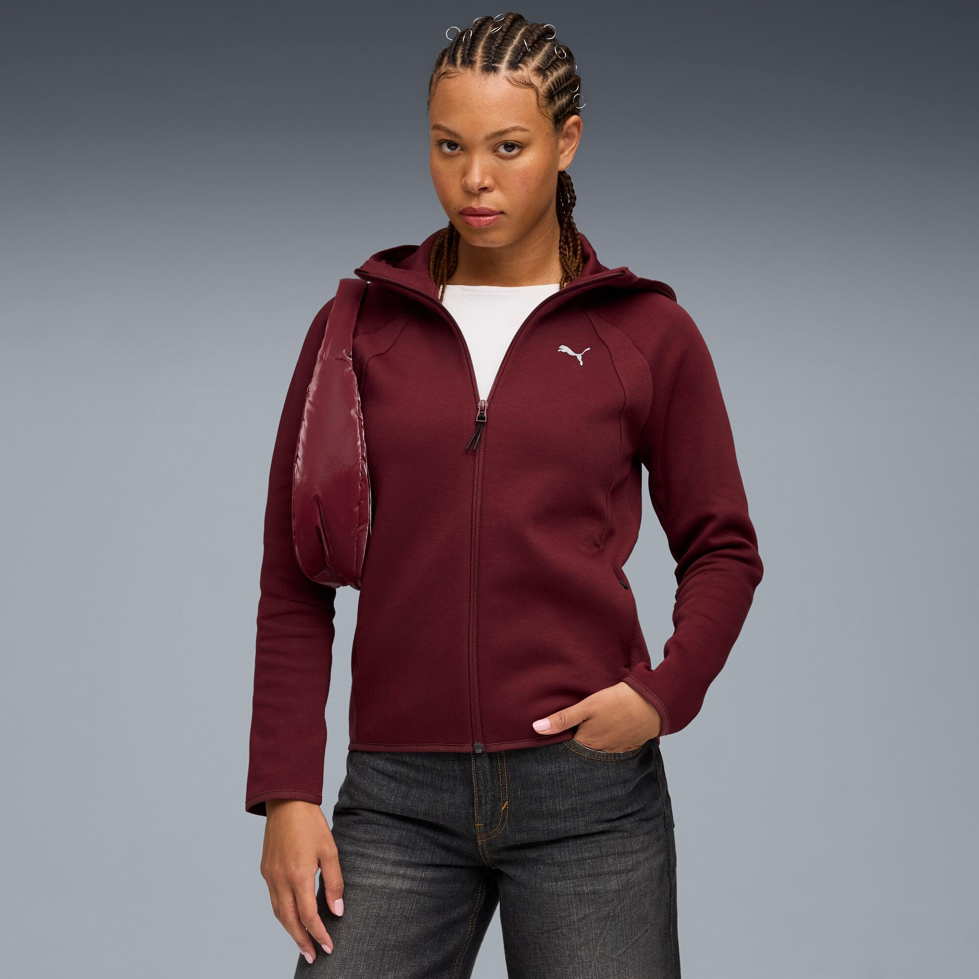 puma evostripe women's zip up hoodie in red, size xl