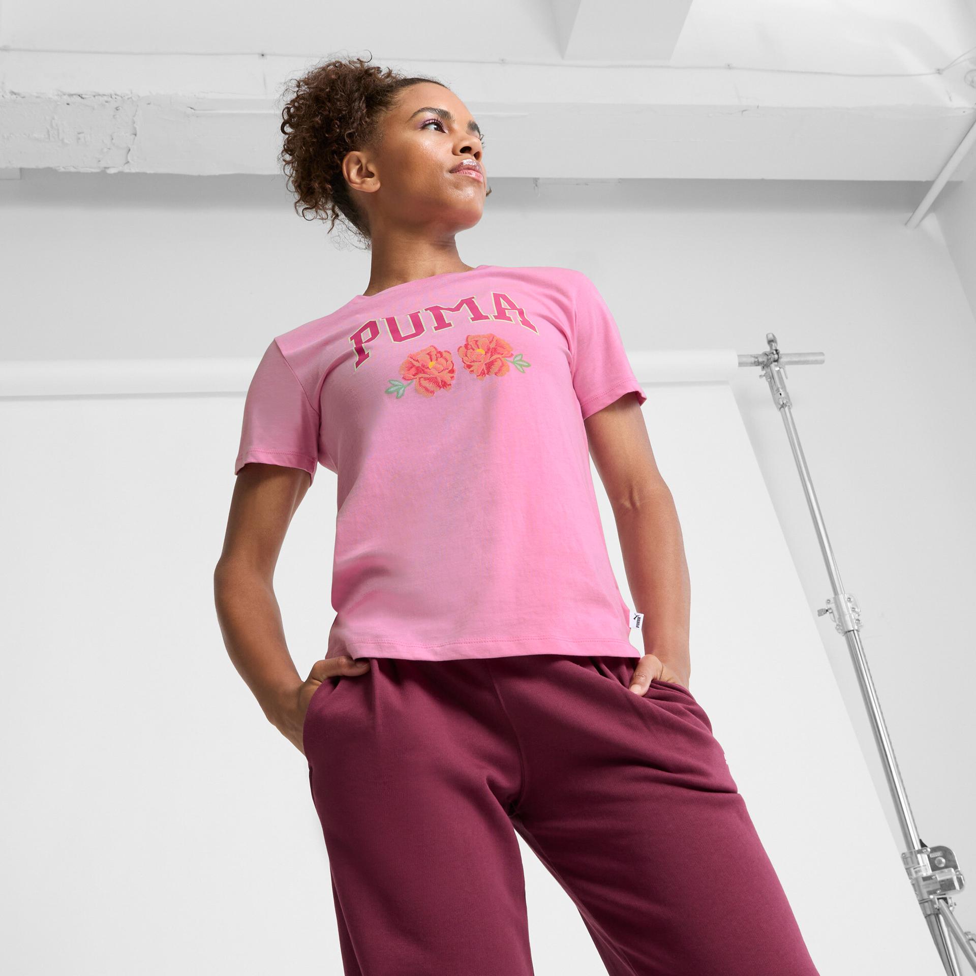 puma floral faux embroidery women's t-shirt in pink, size l