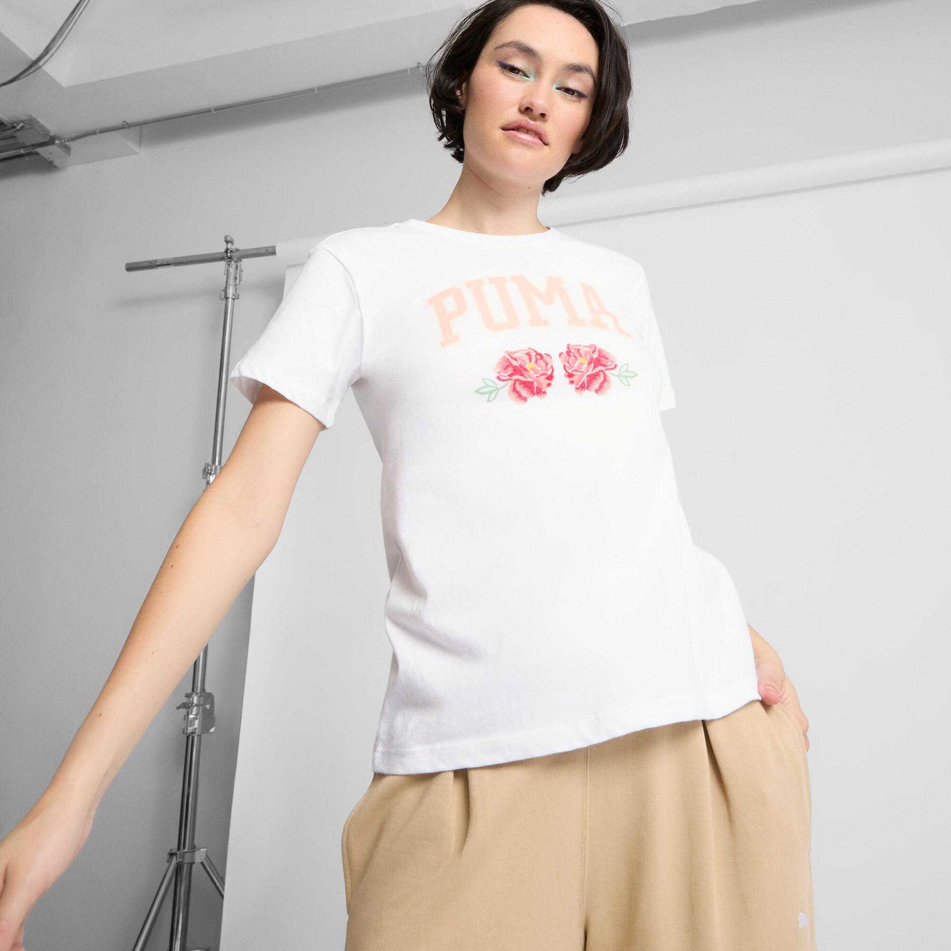 puma floral faux embroidery women's t-shirt in white, size xxl