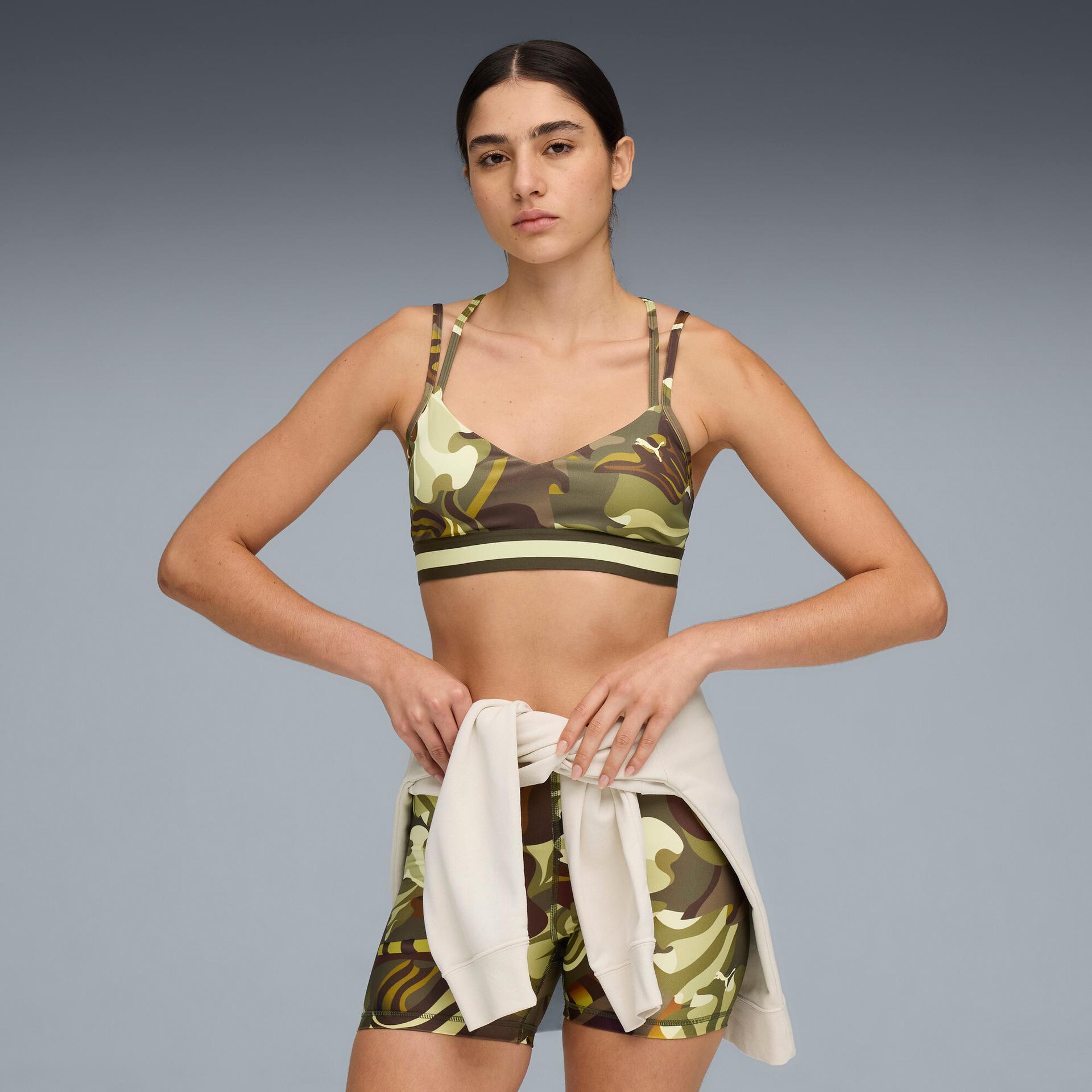 puma floral ribbon women's moisture wicking, low impact sports bra in green, size xl