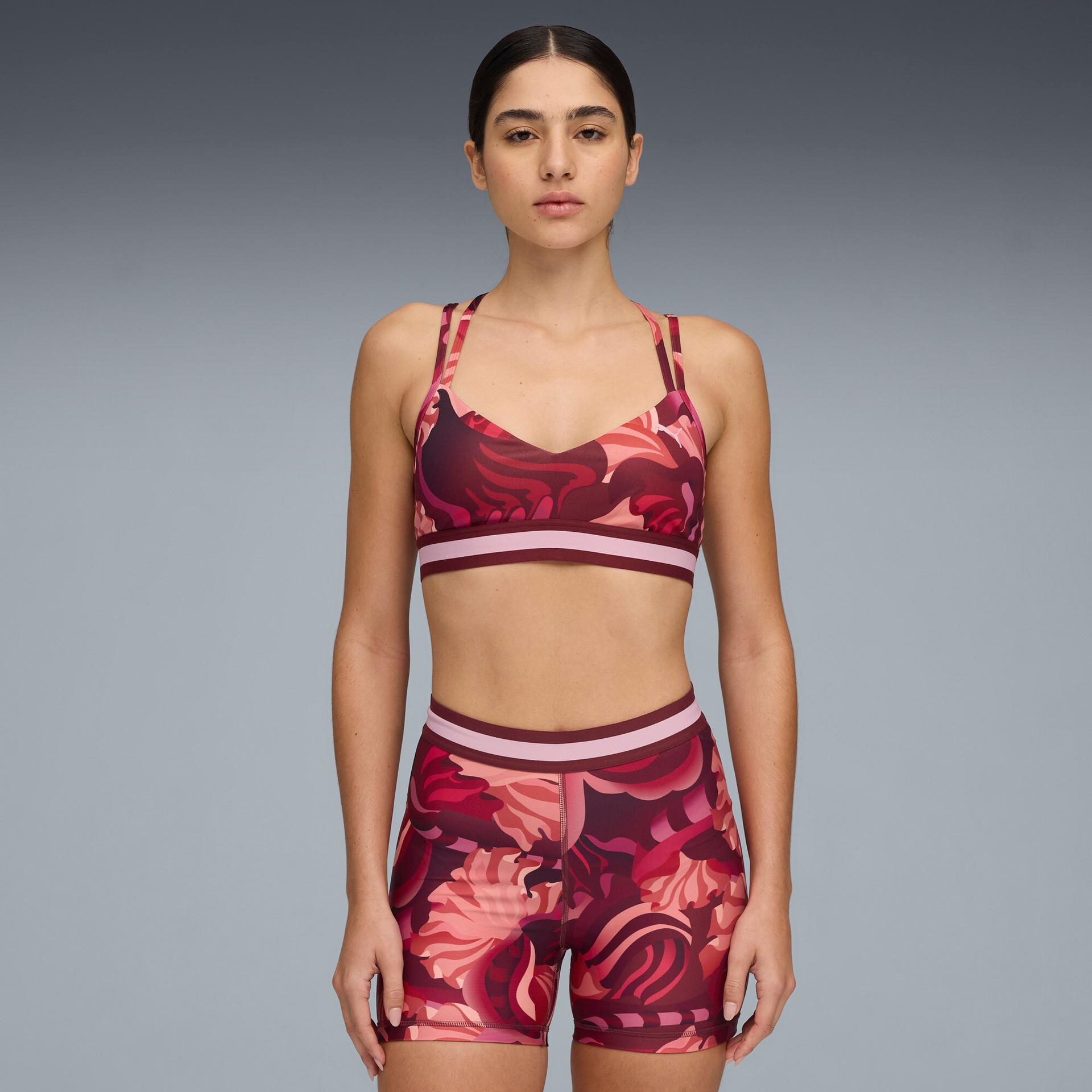 puma floral ribbon women's moisture wicking, low impact sports bra in red, size xxs