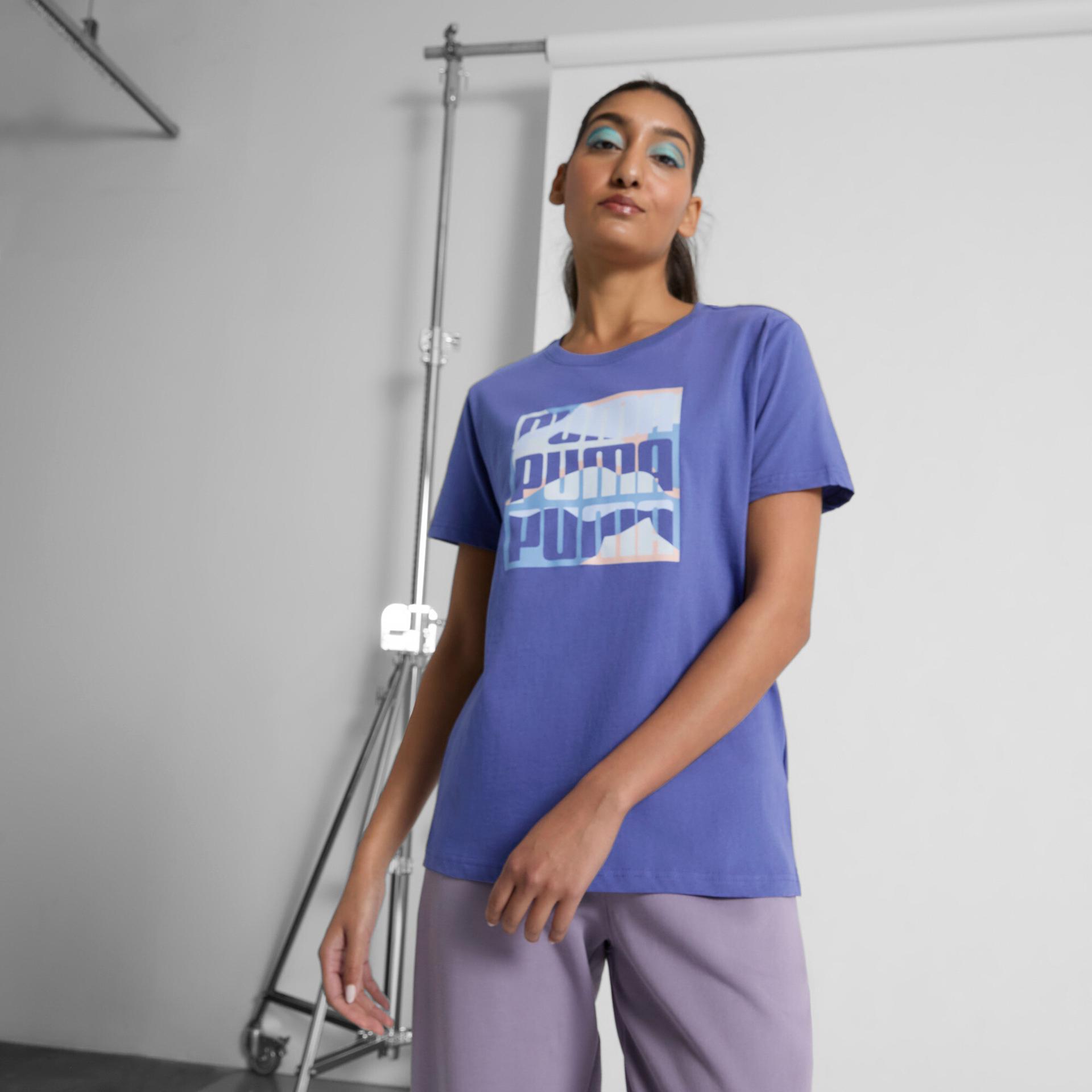 puma graphics mountain women's t-shirt in blue, size s