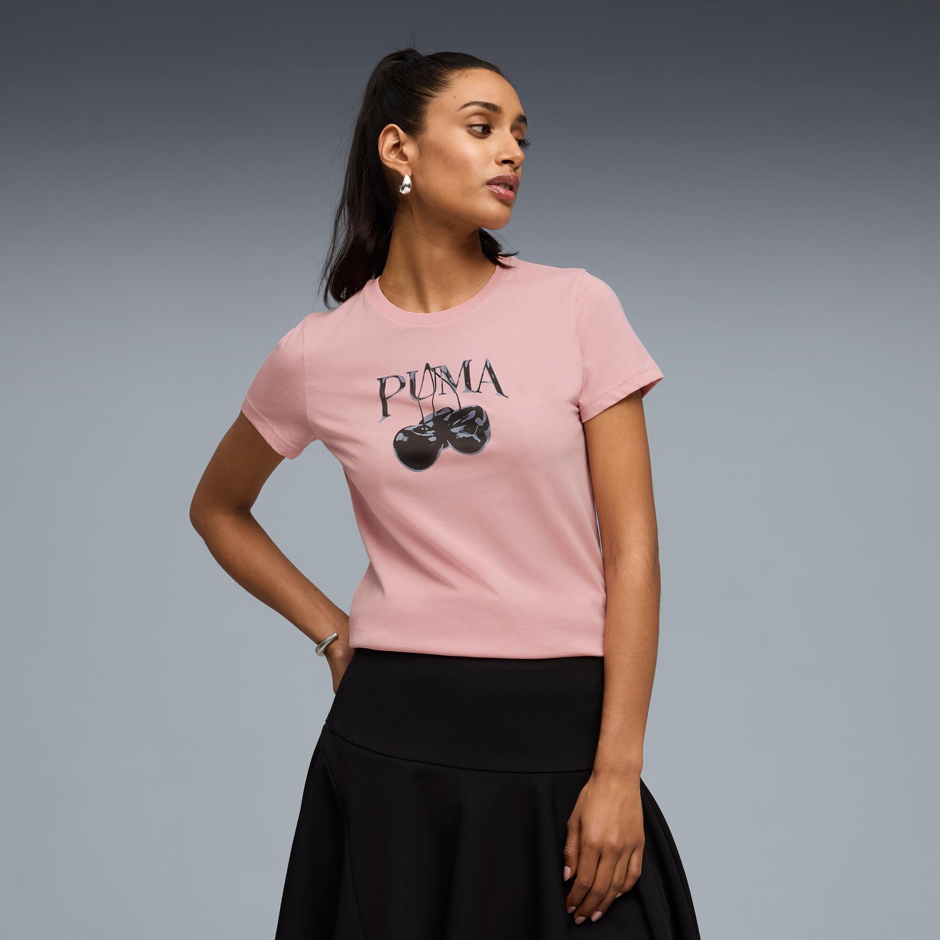 puma graphics pack women's cherry graphic t-shirt in pink, size m