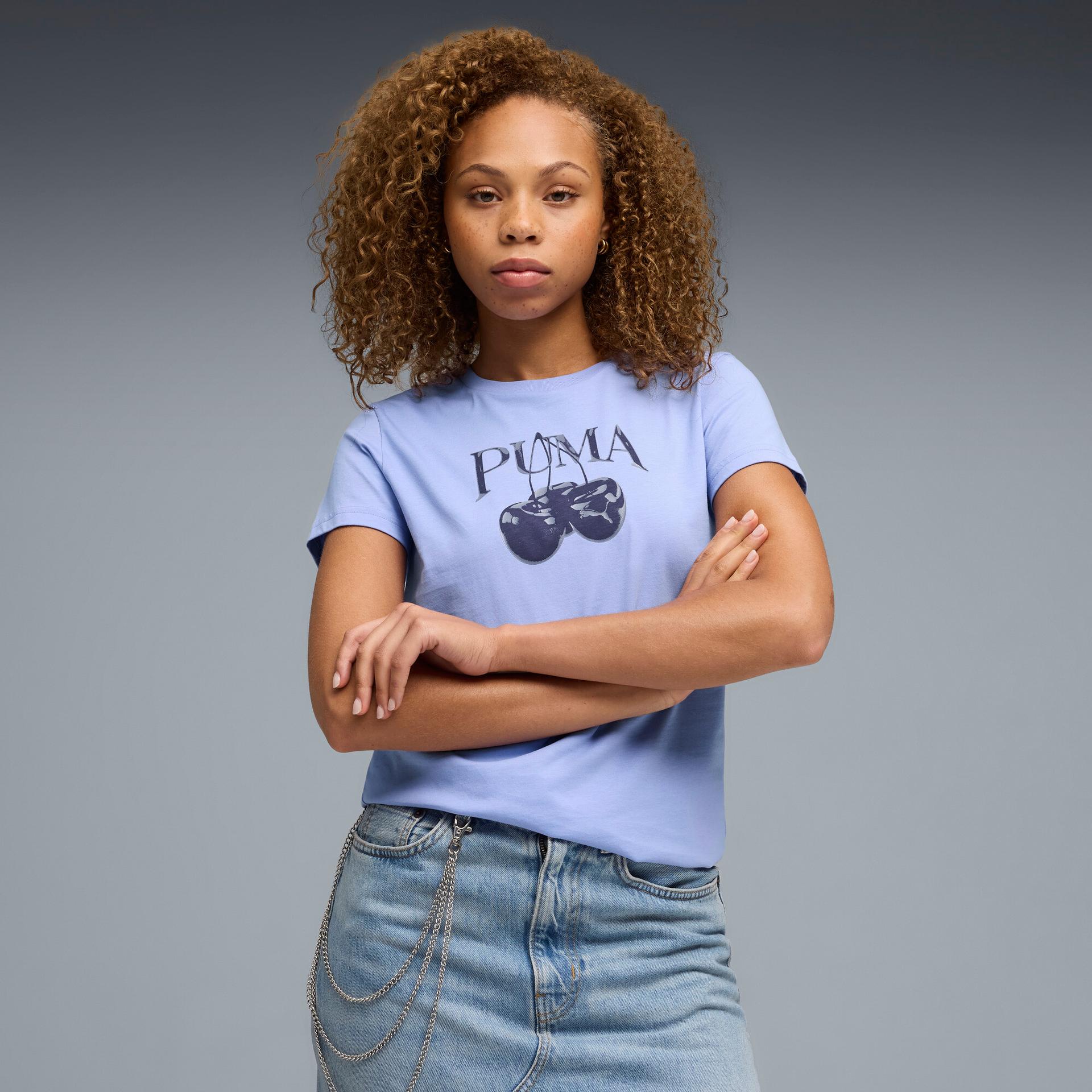 puma graphics pack women's cherry graphic t-shirt in purple, size 3xl