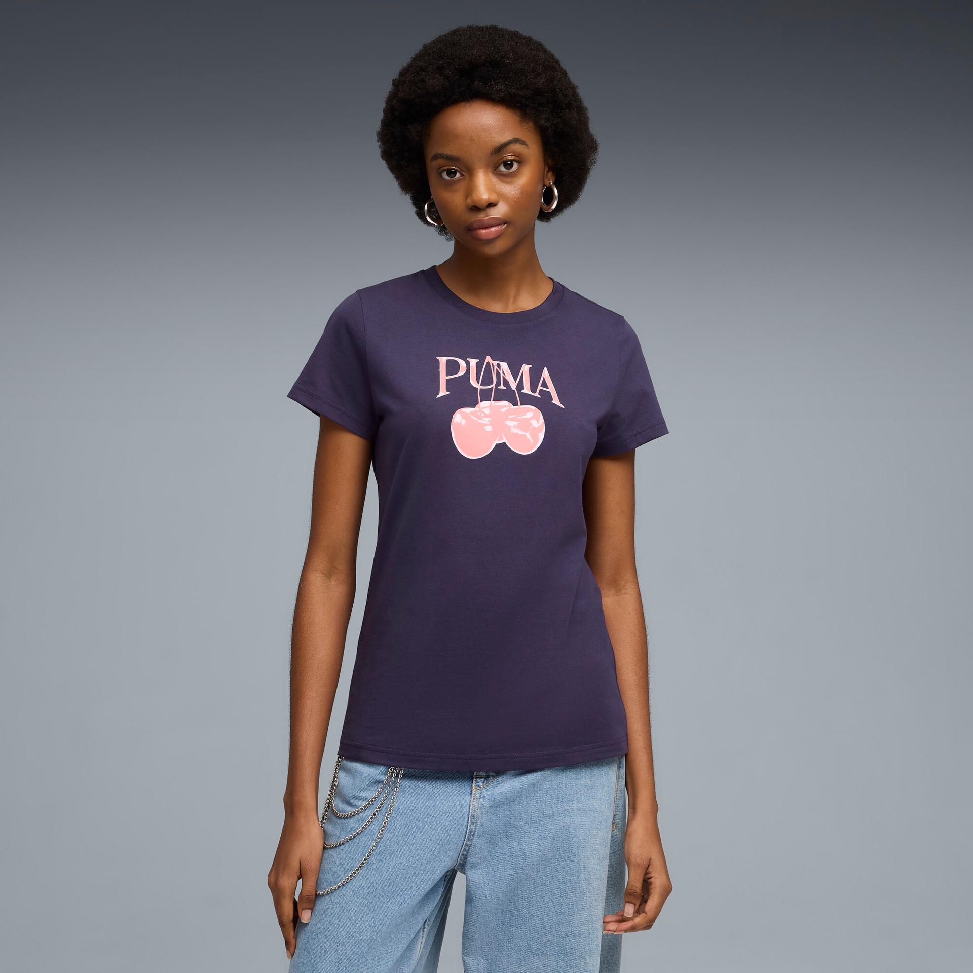 puma graphics pack women's cherry graphic t-shirt in purple, size xxs