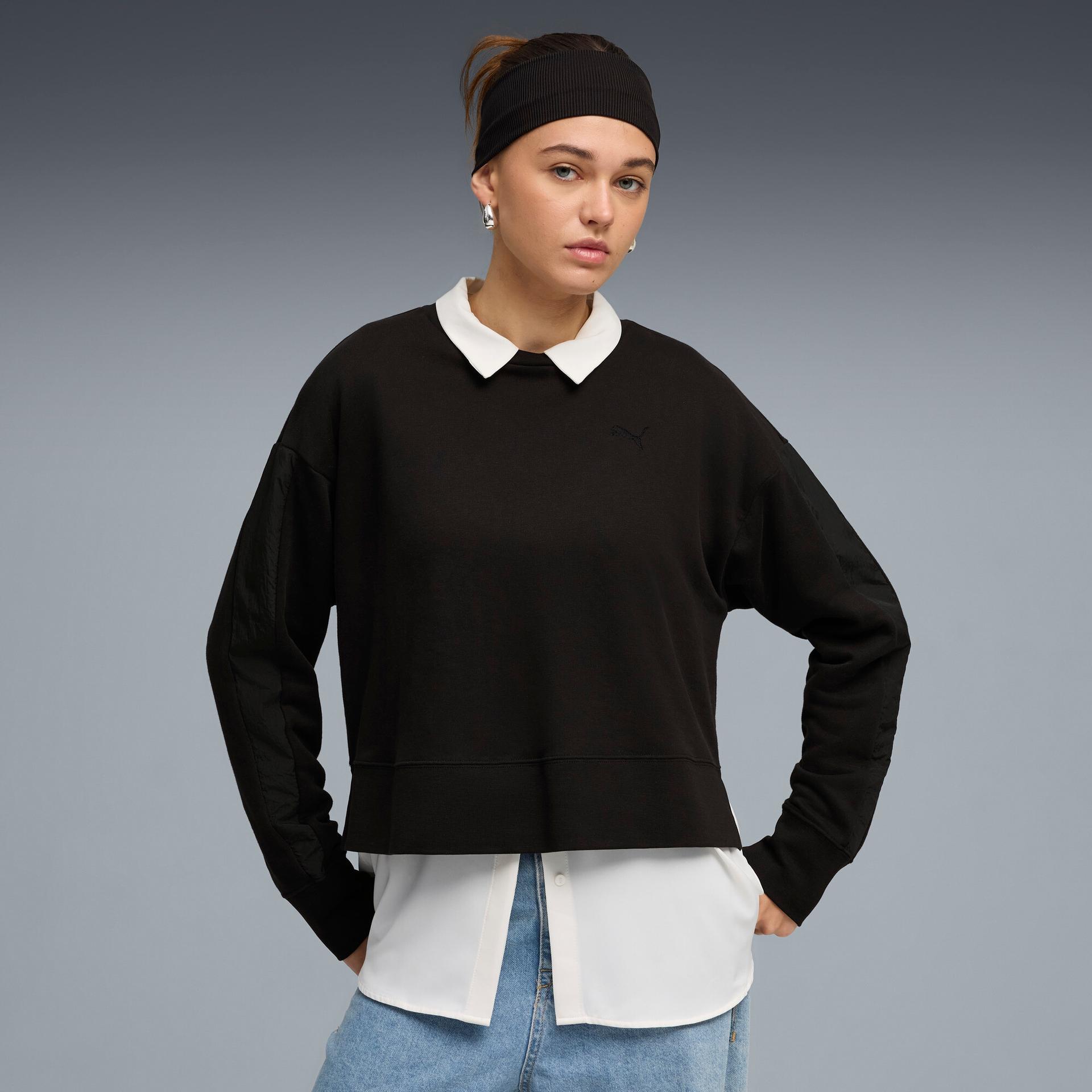 puma her women's relaxed crew neck sweatshirt in black, size xl