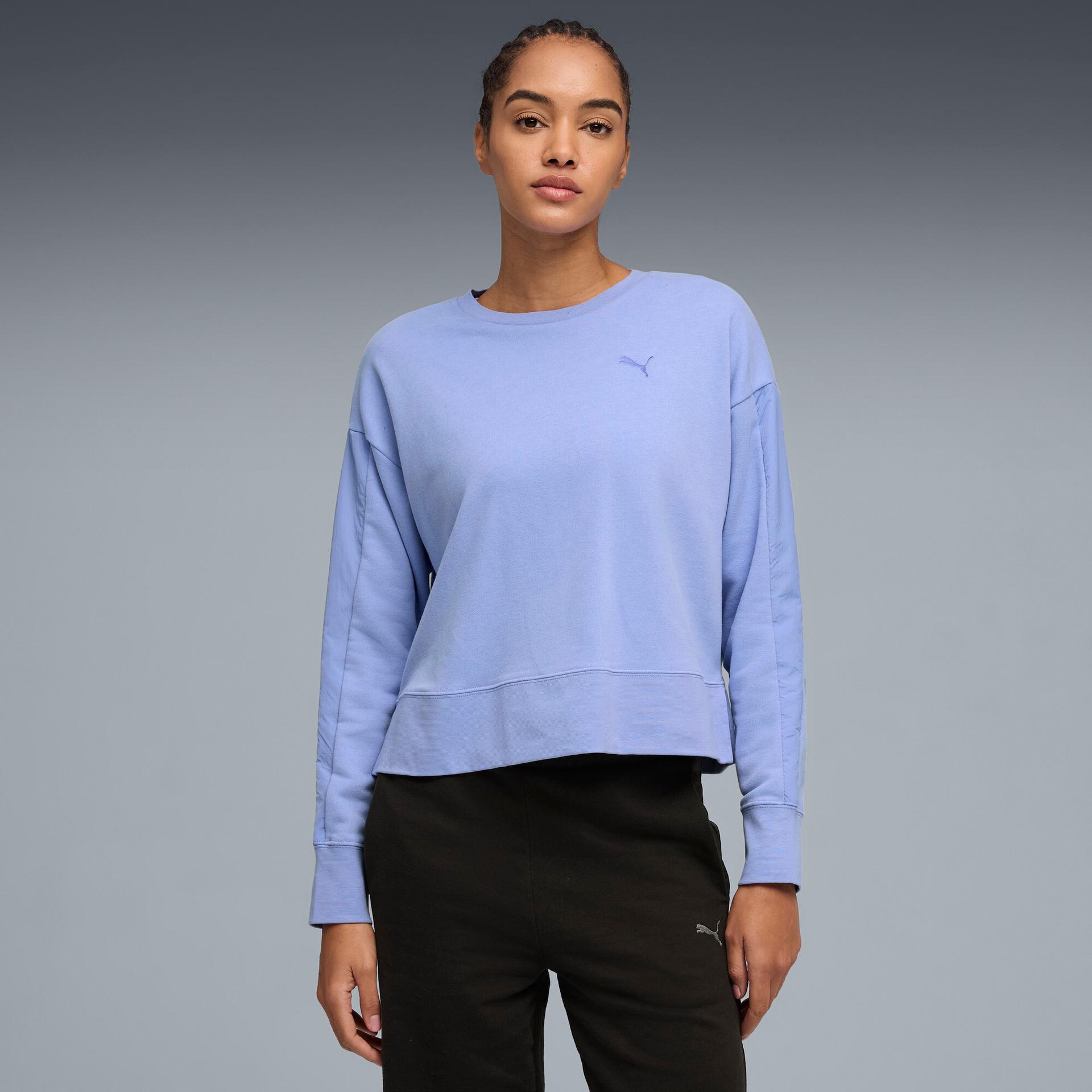 puma her women's relaxed crew neck sweatshirt in purple, size s