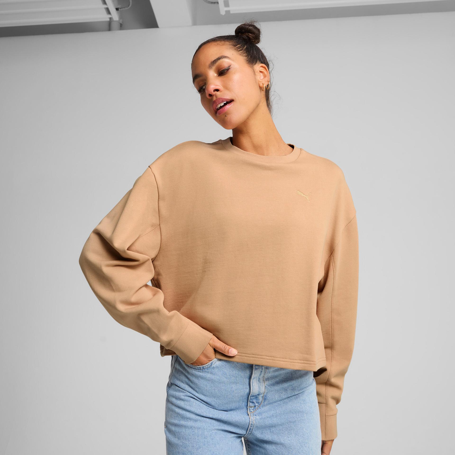 puma her women's relaxed crew sweatshirt in brown, size xl