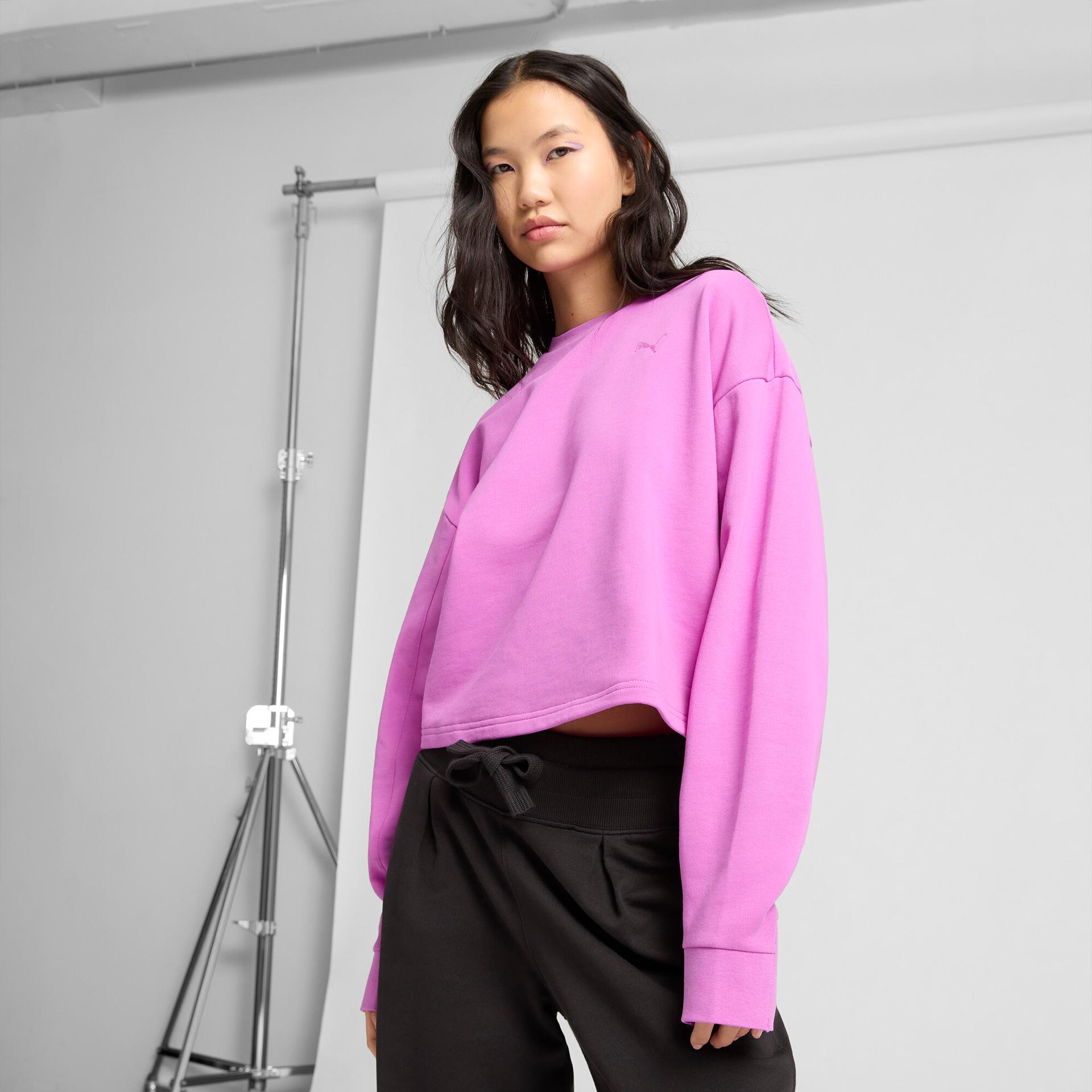 puma her women's relaxed crew sweatshirt in purple, size xxs