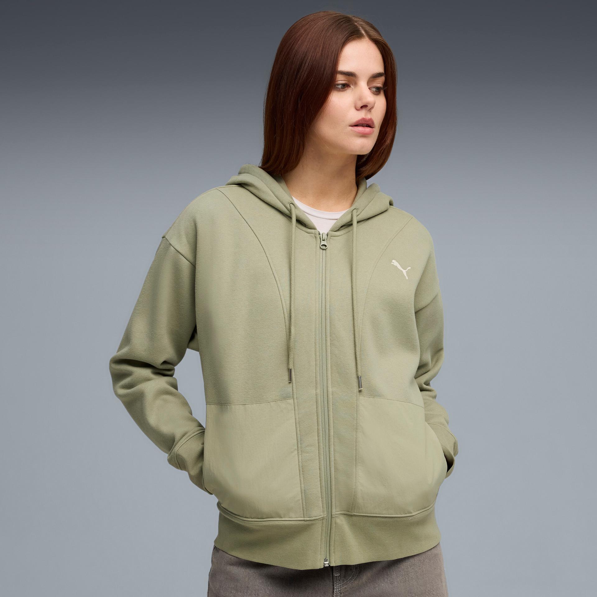 puma her women's relaxed zip-up hoodie in green, size xl