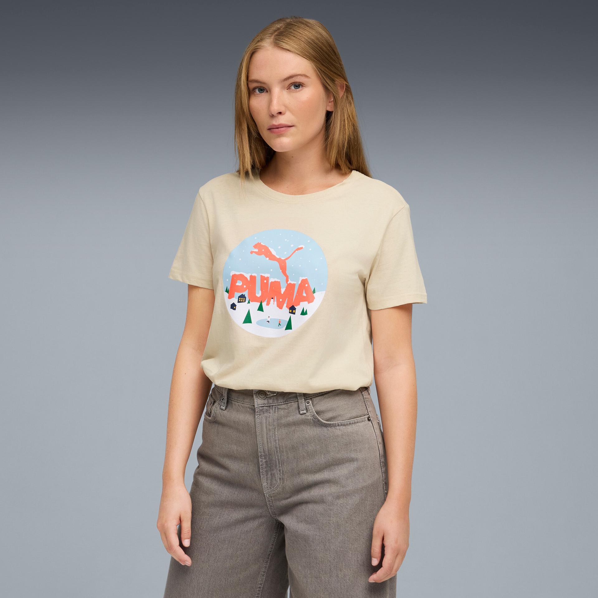 puma holiday snow globe women's t-shirt in white, size xl