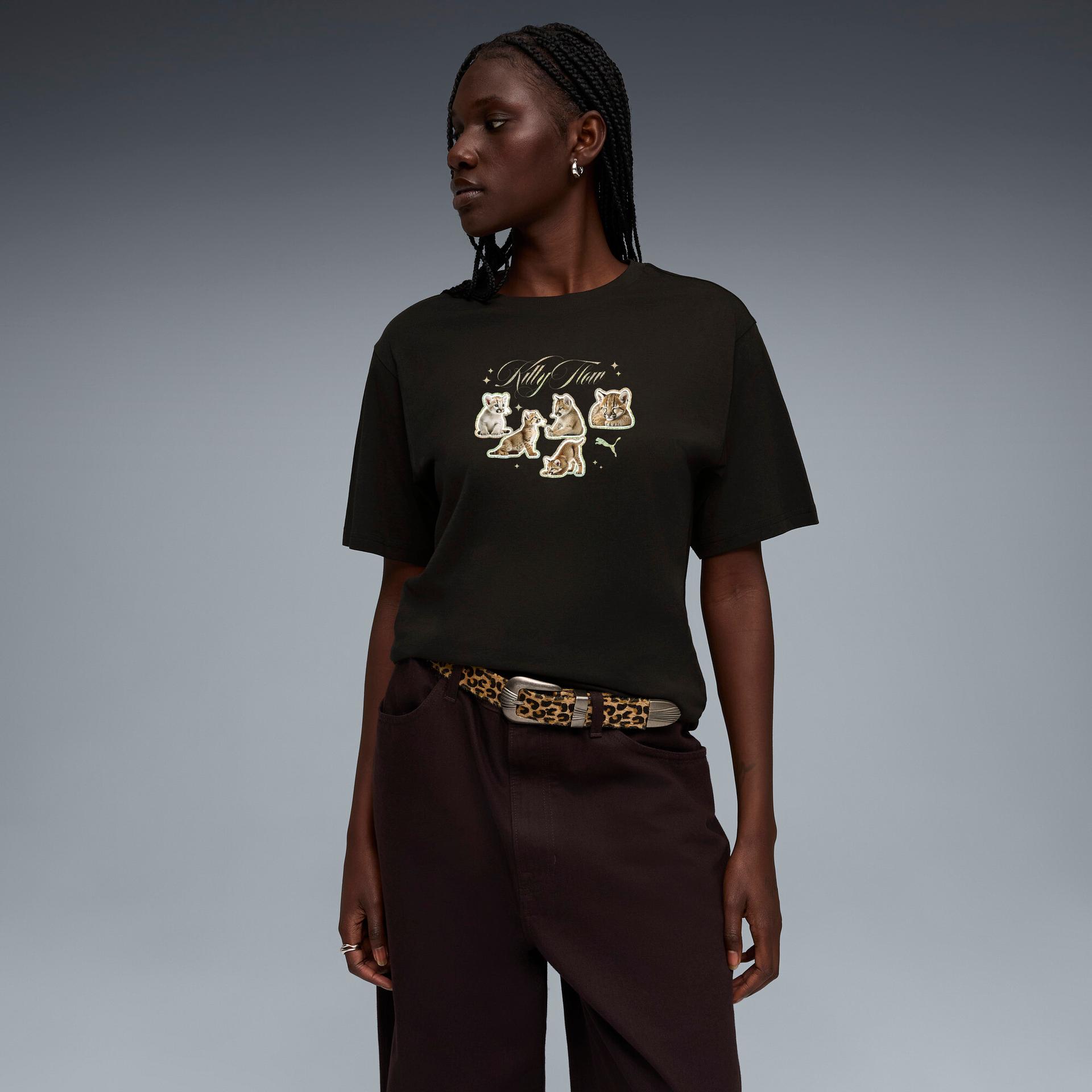 puma house of graphics women's kitty sticker relaxed t-shirt in black, size s