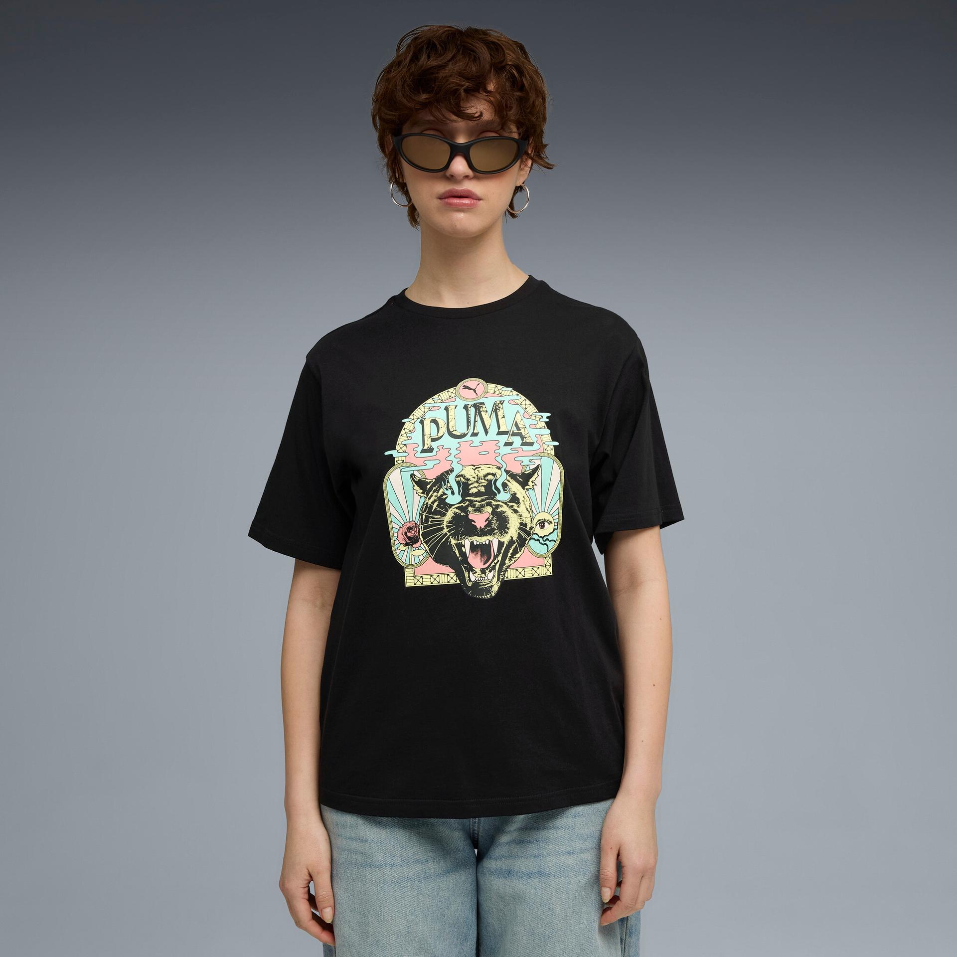 puma house of graphics women's t-shirt in black, size xl