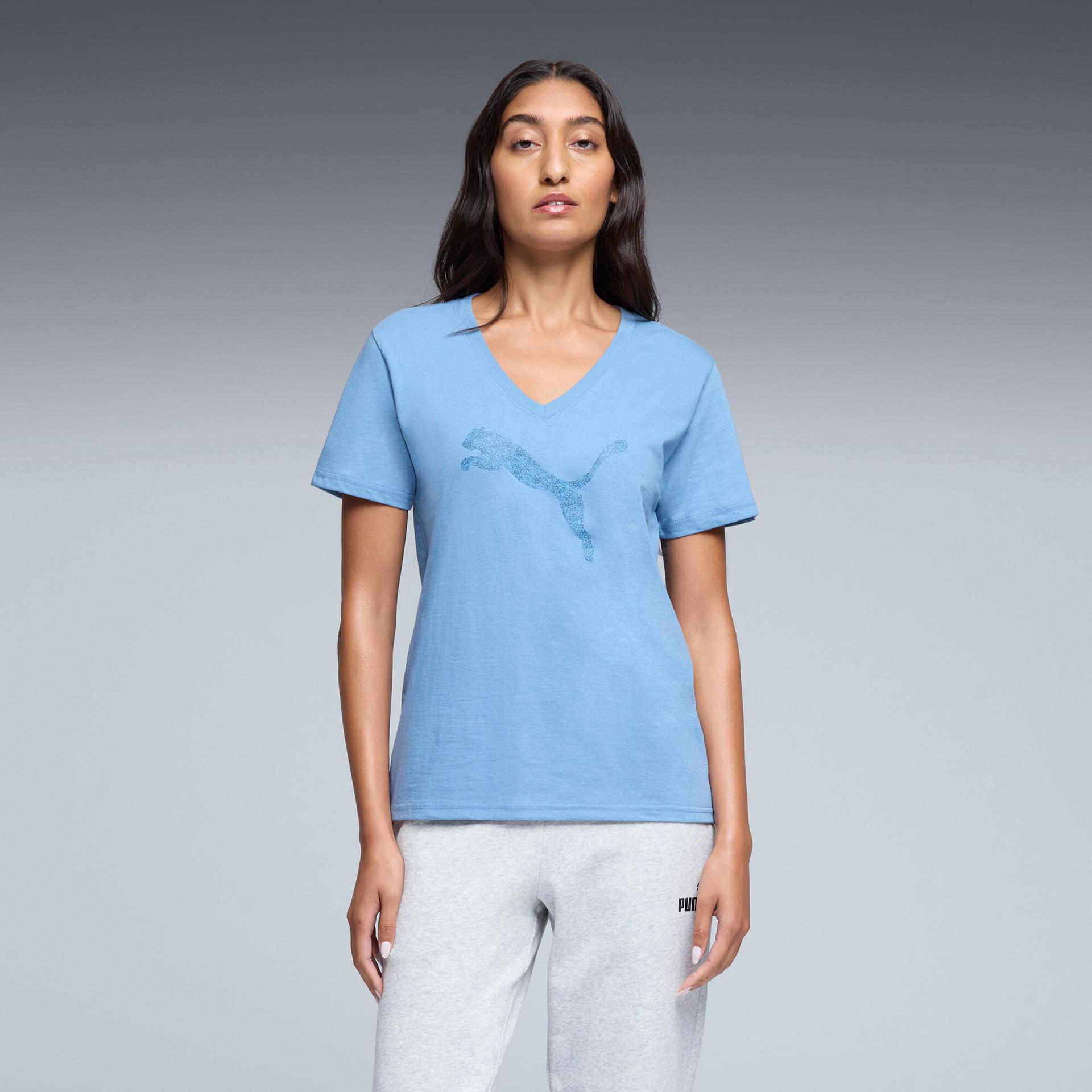 puma house of graphics women's v-neck t-shirt in blue, size xxl