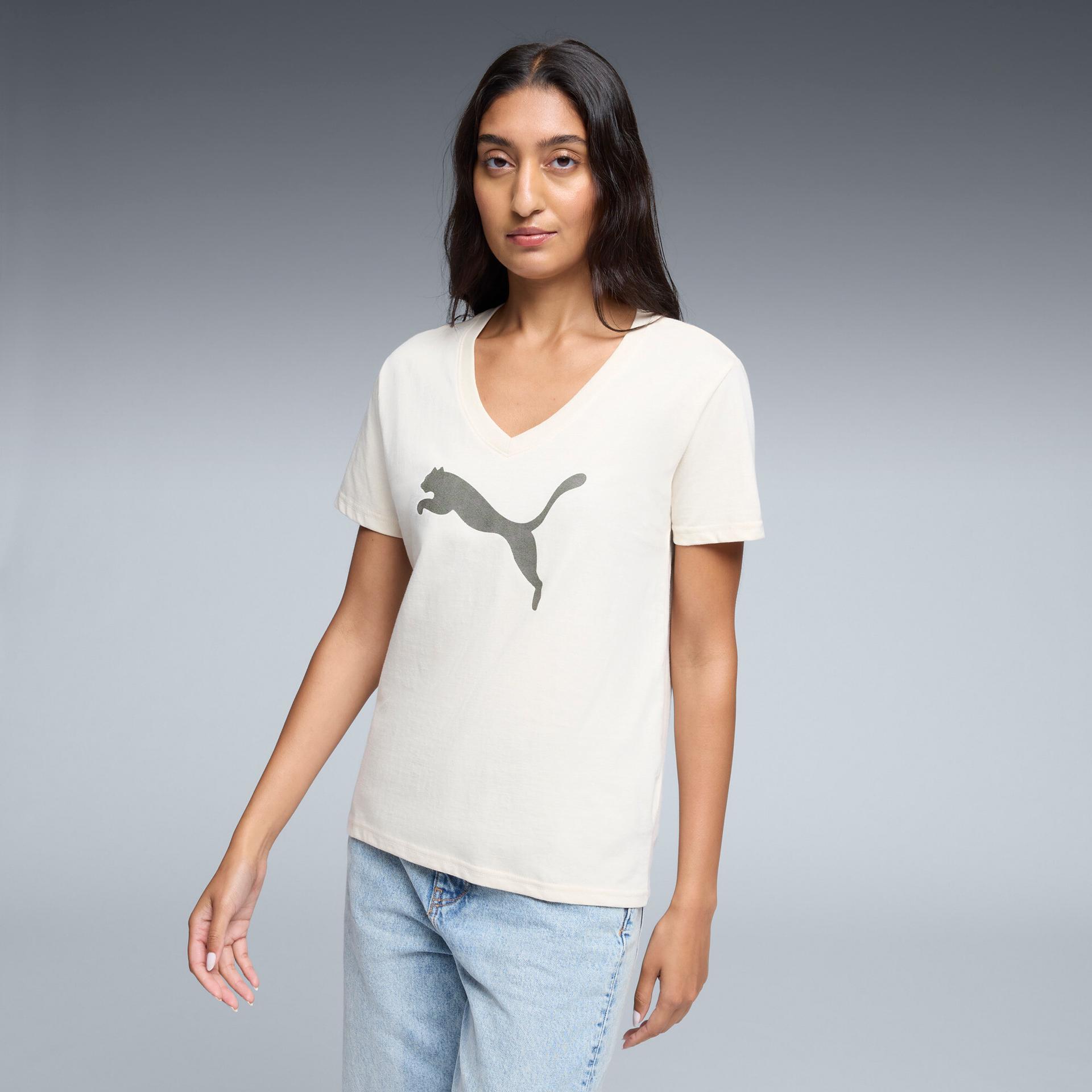 puma house of graphics women's v-neck t-shirt in white, size s