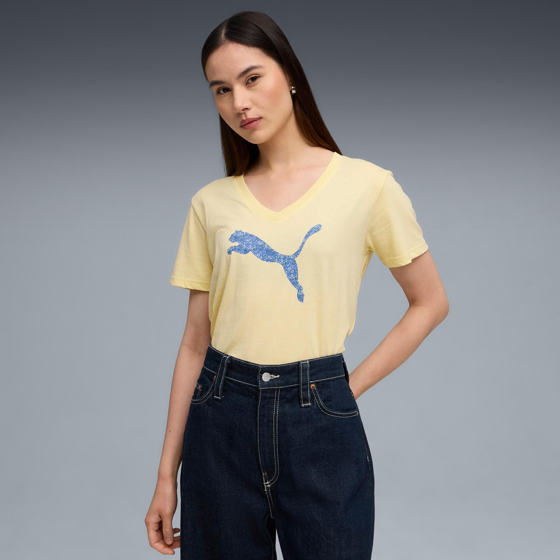 puma house of graphics women's v-neck t-shirt in yellow, size l
