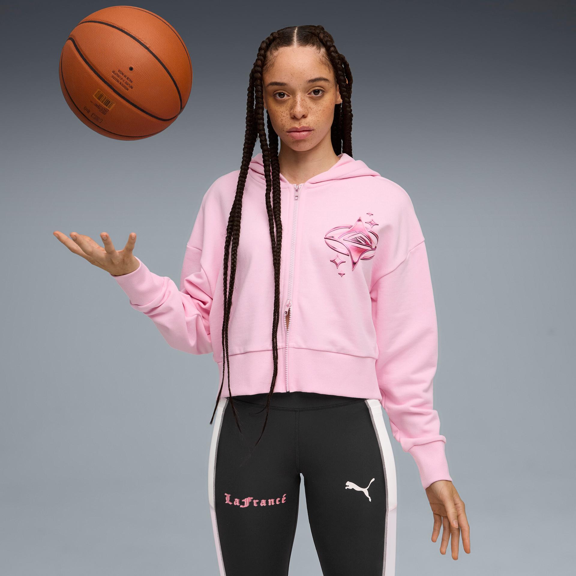 puma lafrancã© pink heem women's cropped basketball hoodie, size s