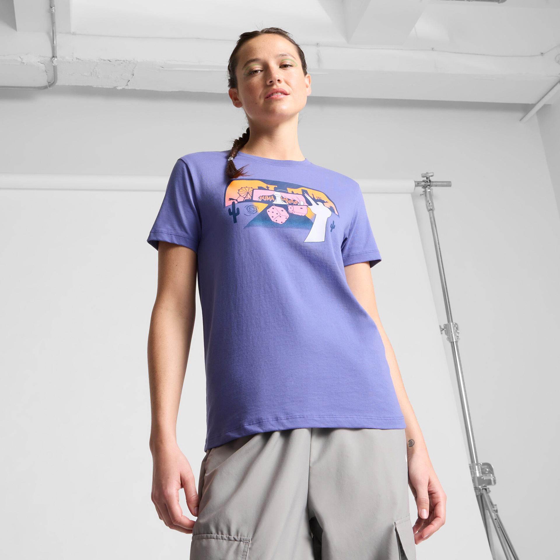 puma las vegas mirror women's t-shirt in blue, size s