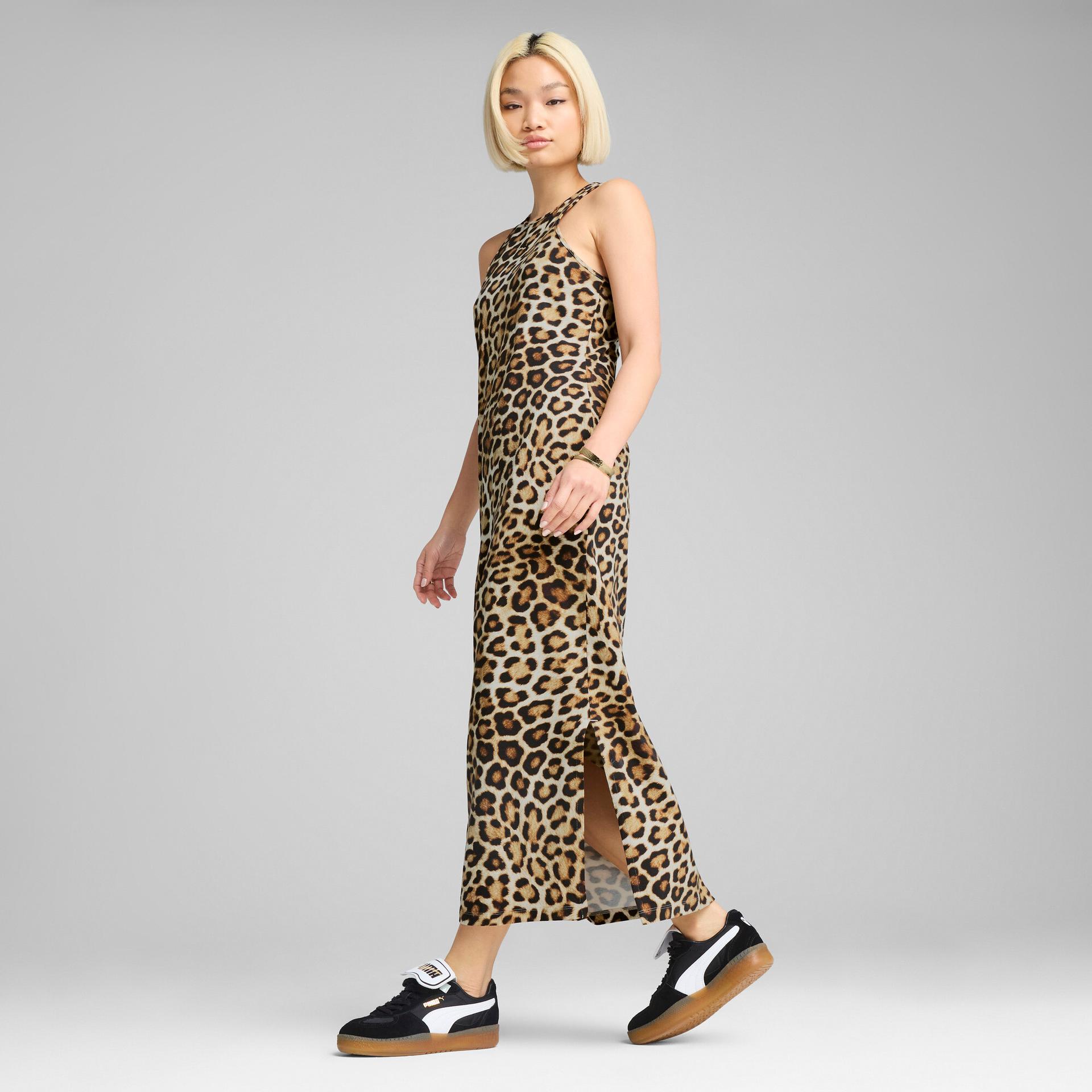 puma leopard luxe women's animal print slim dress in white, size l