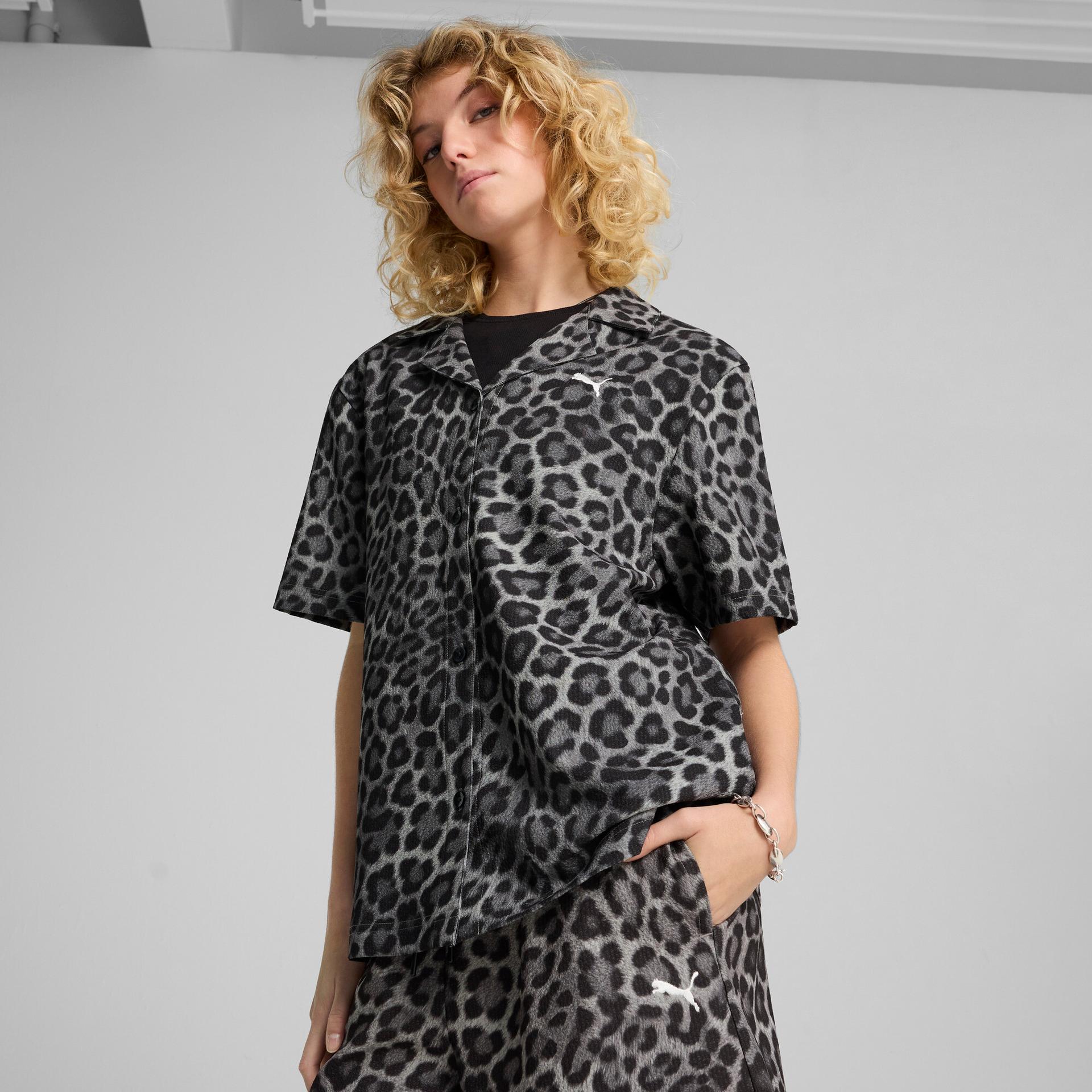 puma leopard luxe women's relaxed all-over print woven shirt in black, size xl