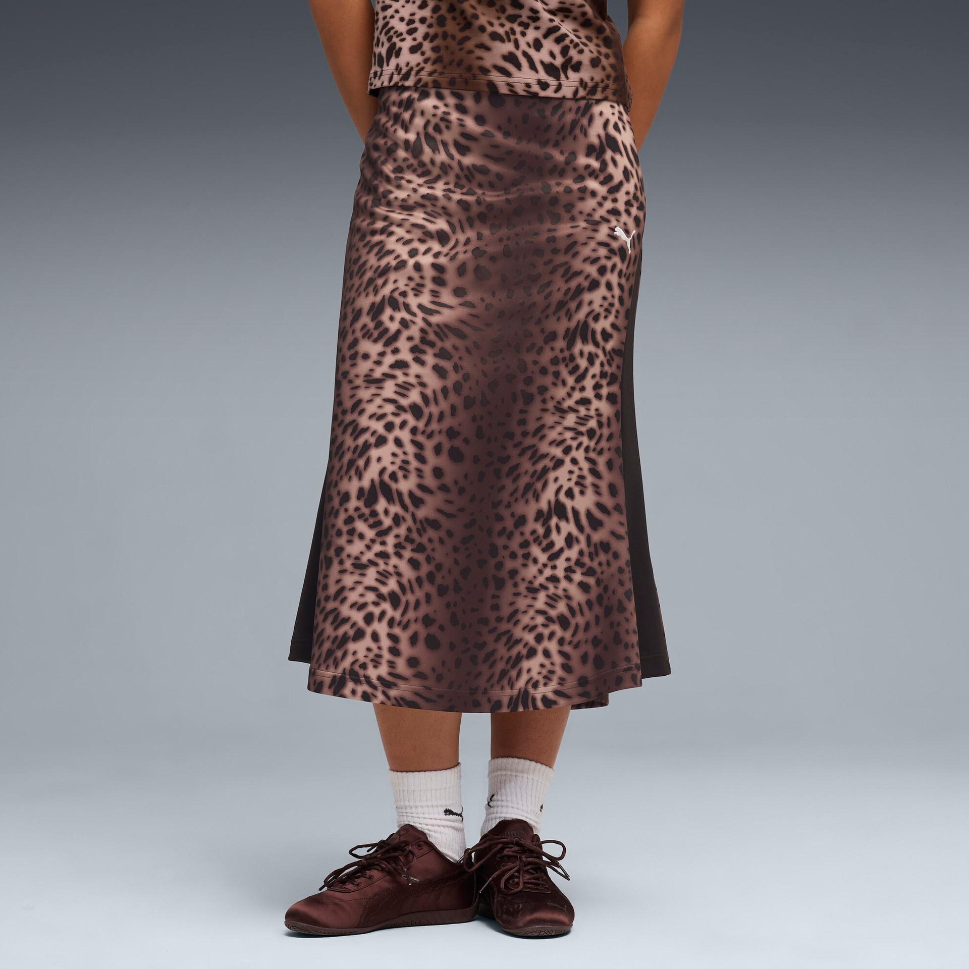 puma leopard luxe women's t7 midi skirt in black, size s