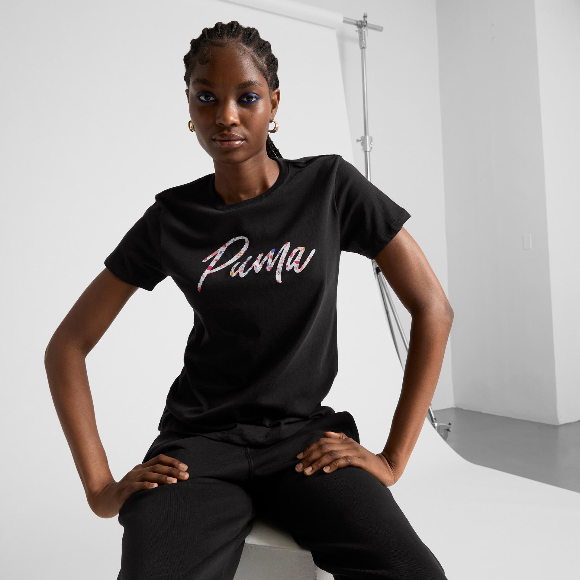 puma live in speckle women's t-shirt in black, size l