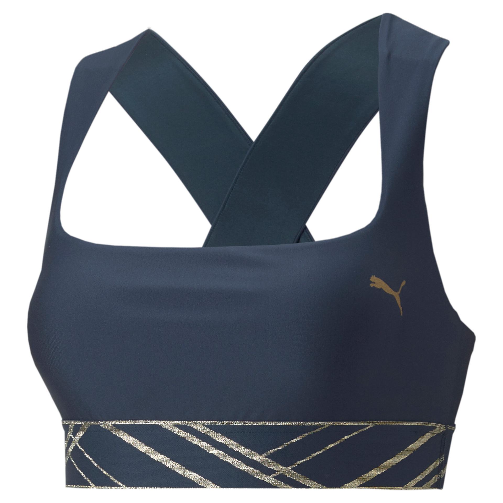 puma mid impact deco glam women's sports bra in blue, size xs