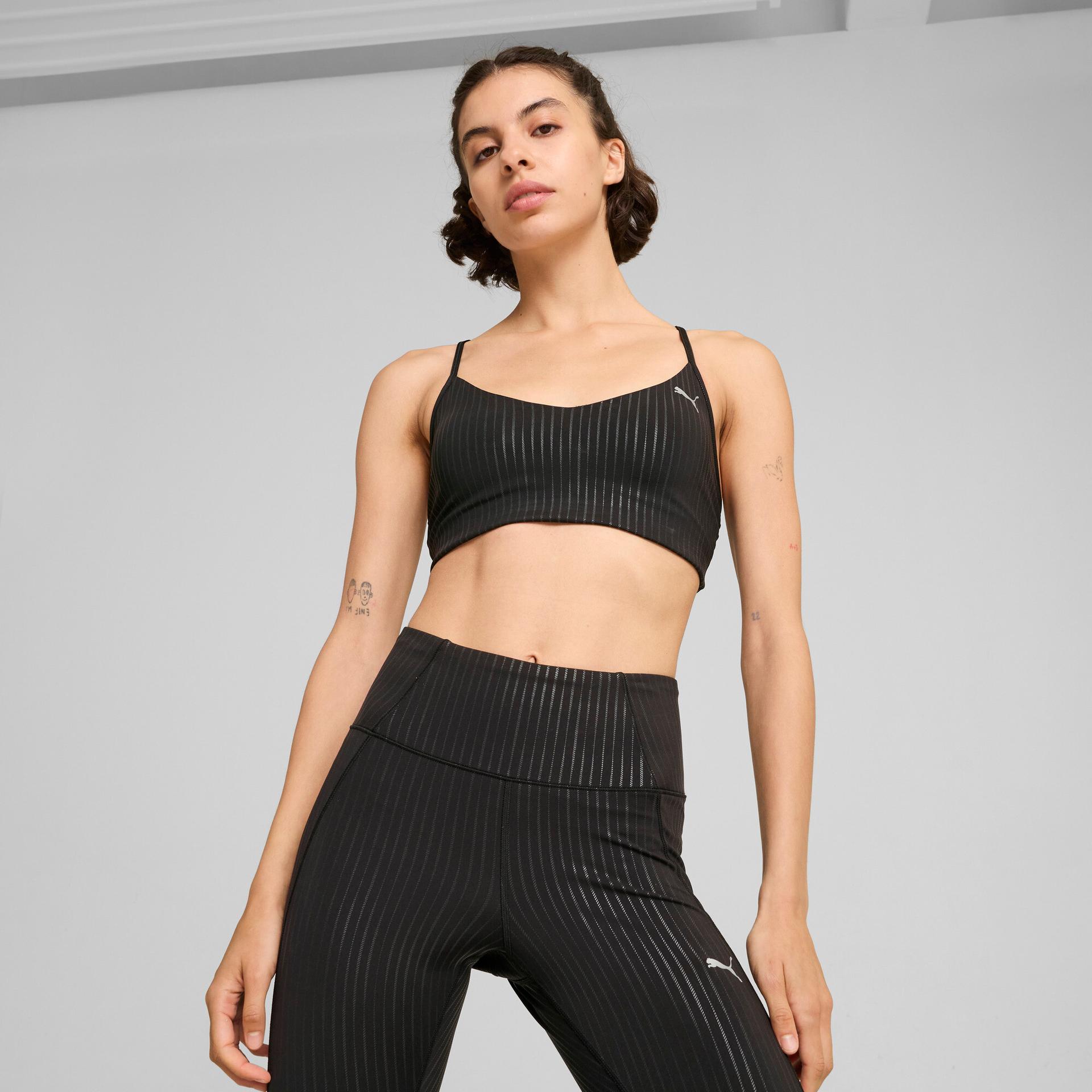 puma move ultrabare all-over print bra in black, size xs