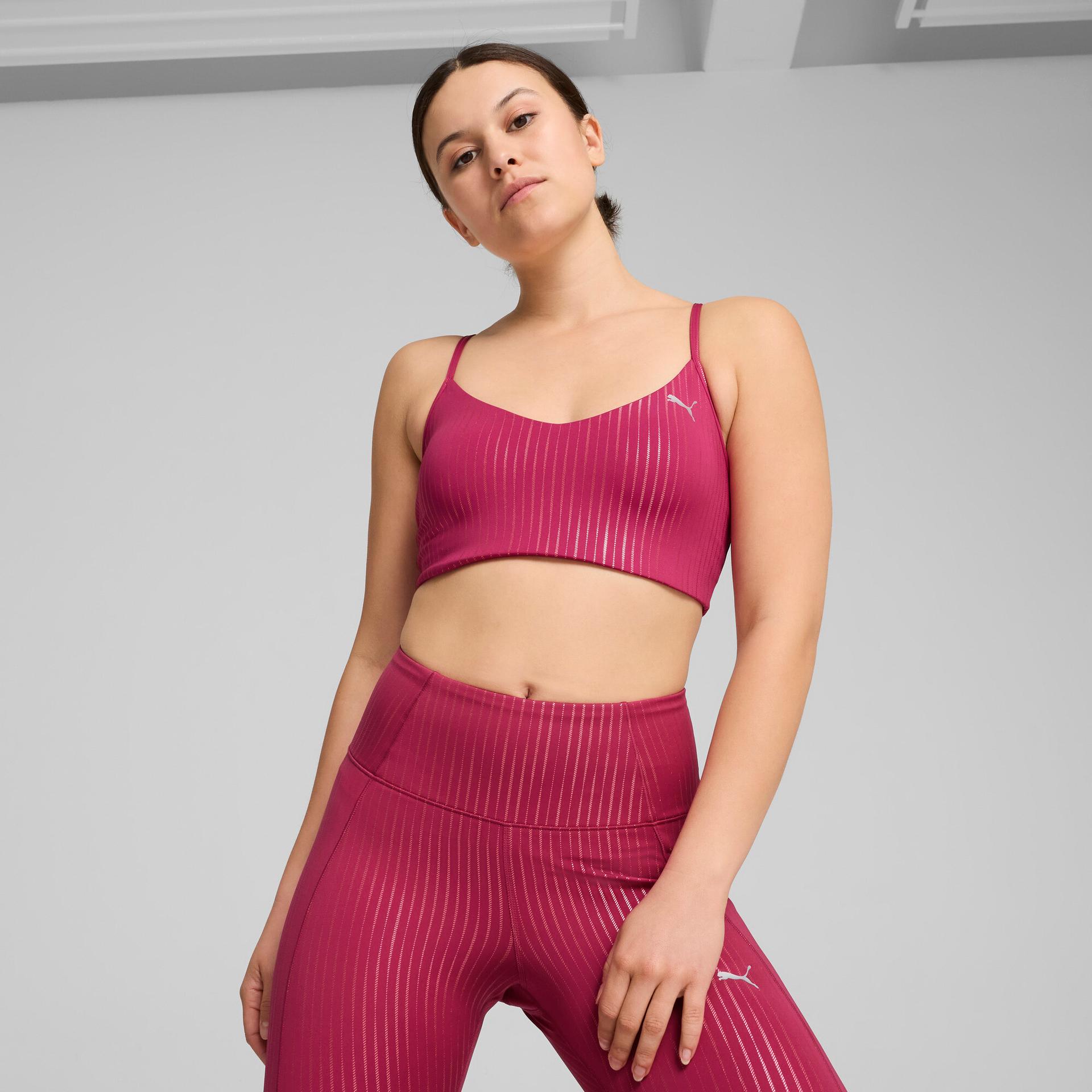 puma move ultrabare all-over print bra in pink, size m