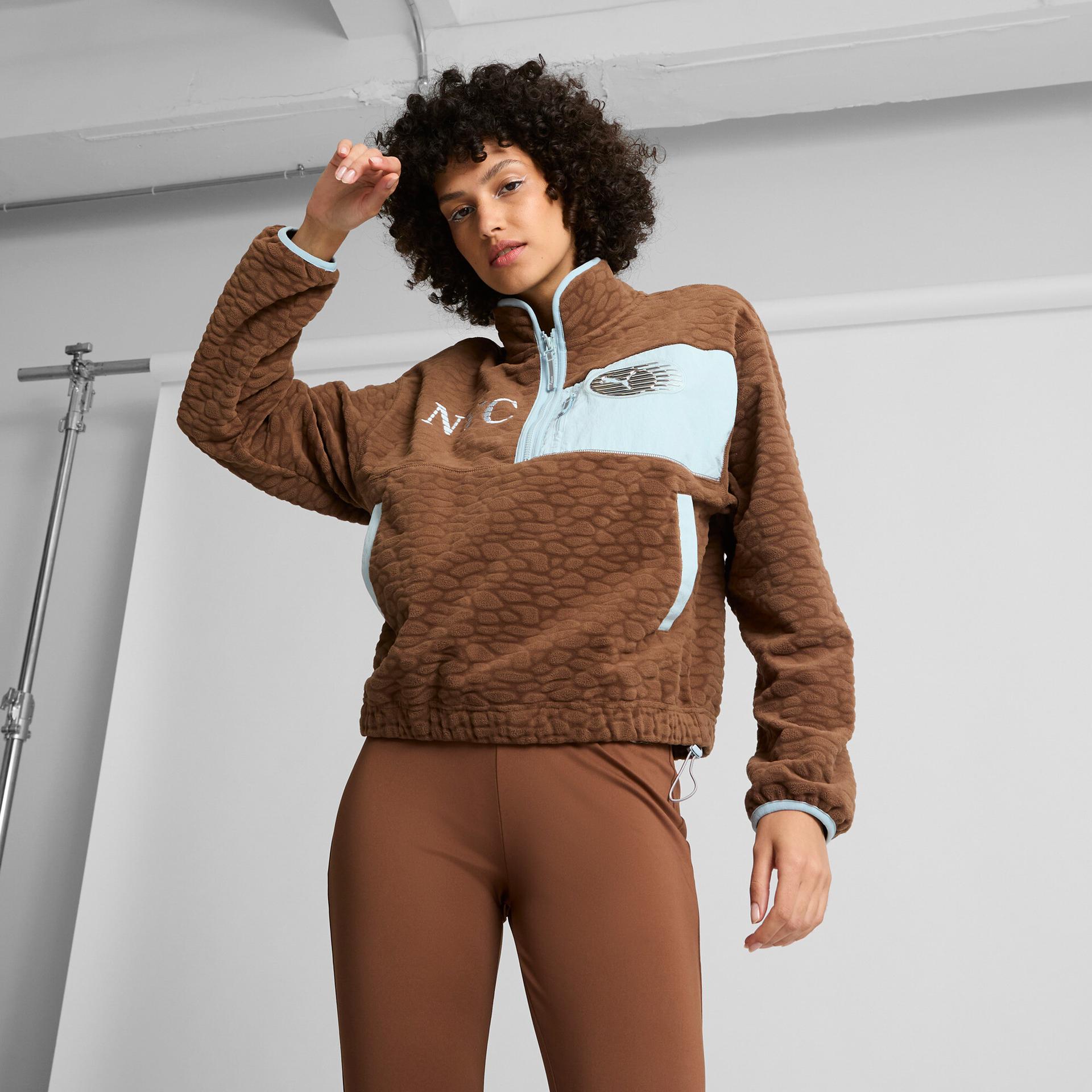 puma nyc women's half-zip fleece shoes in brown, size l