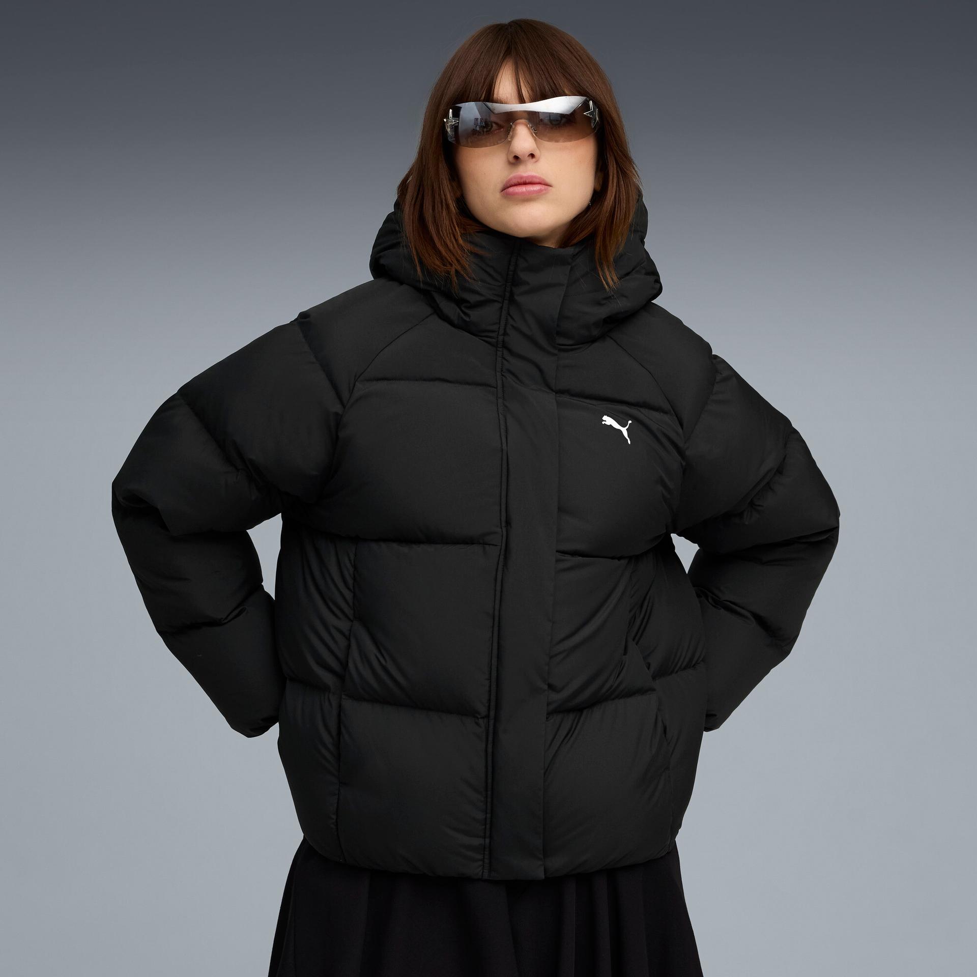 puma outerwear women's hooded down puffer in black, size xxs