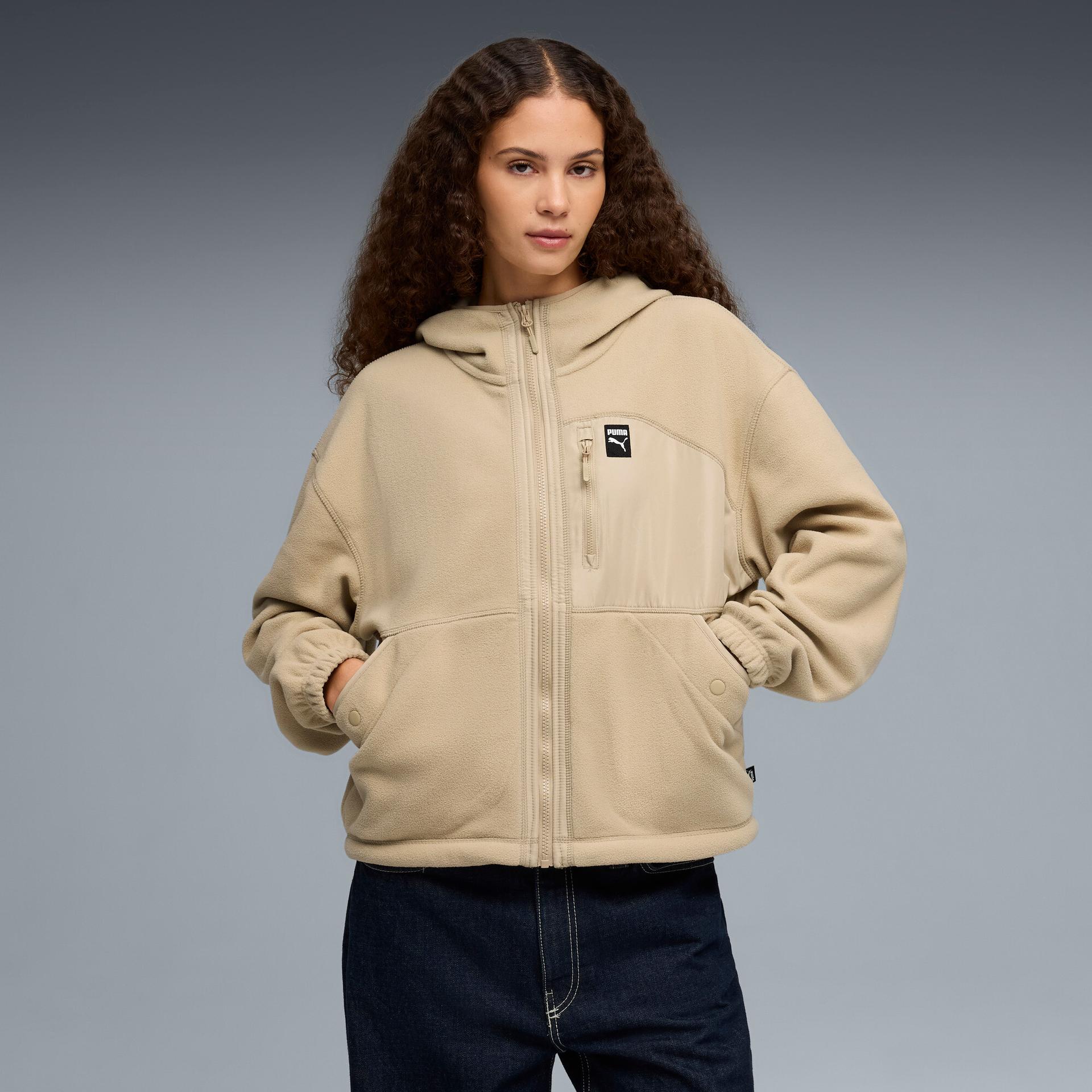 puma polar fleece women's hooded fleece jacket in beige, size m