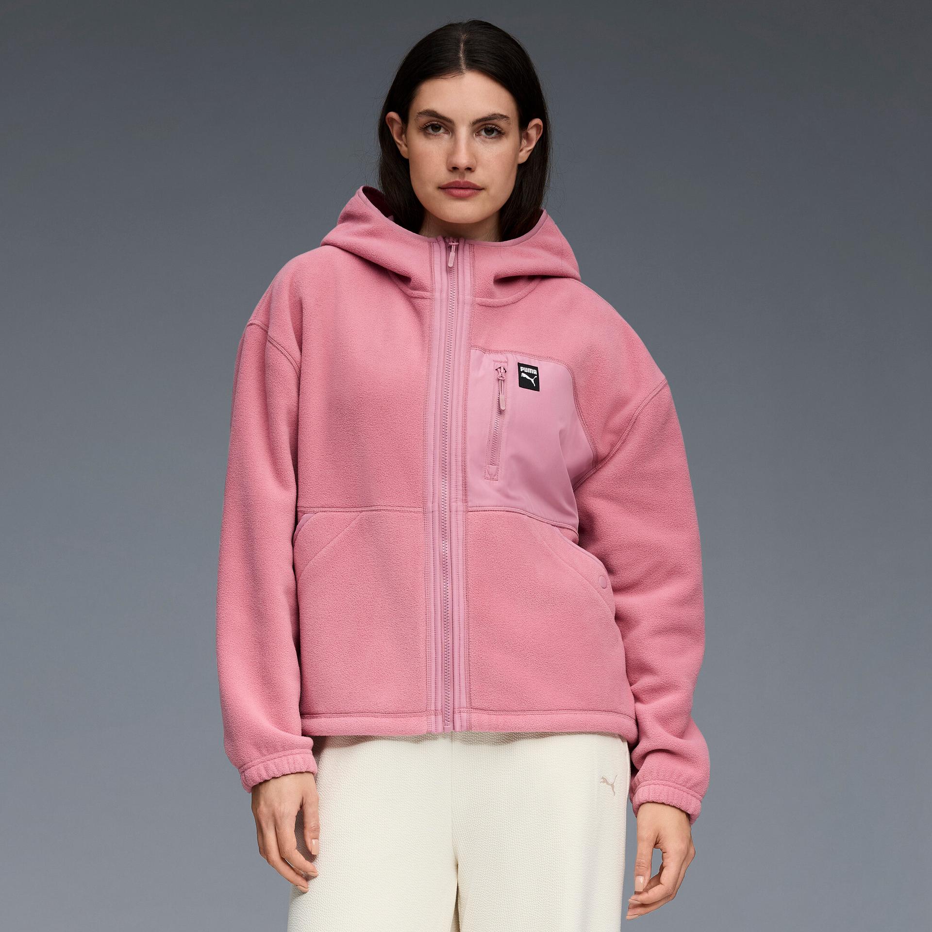 puma polar fleece women's hooded fleece jacket in pink, size s