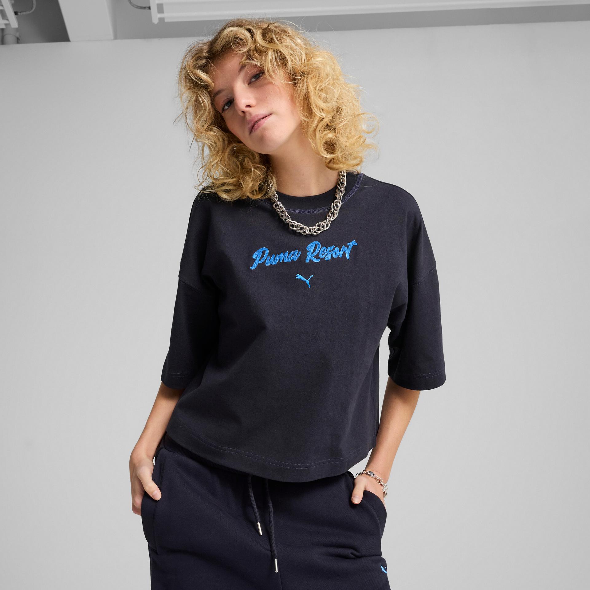 puma premium essentials women's oversized graphic t-shirt in blue, size xl