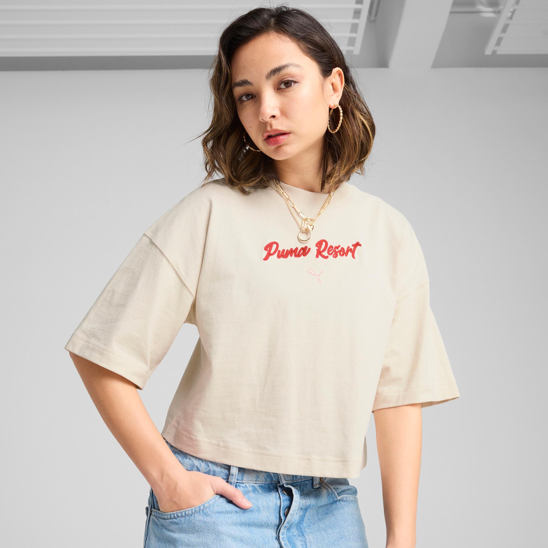 puma premium essentials women's oversized graphic t-shirt in white, size m