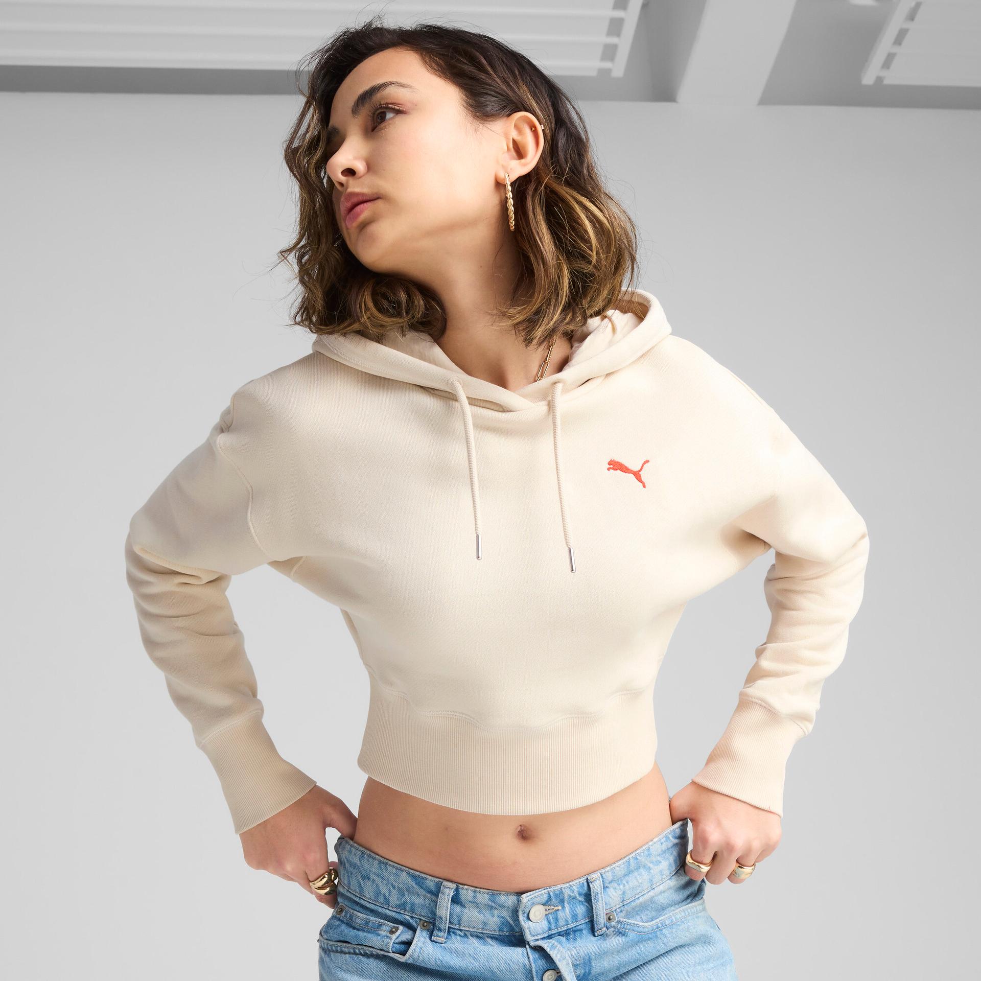 puma premium essentials women's relaxed graphic hoodie in white, size s