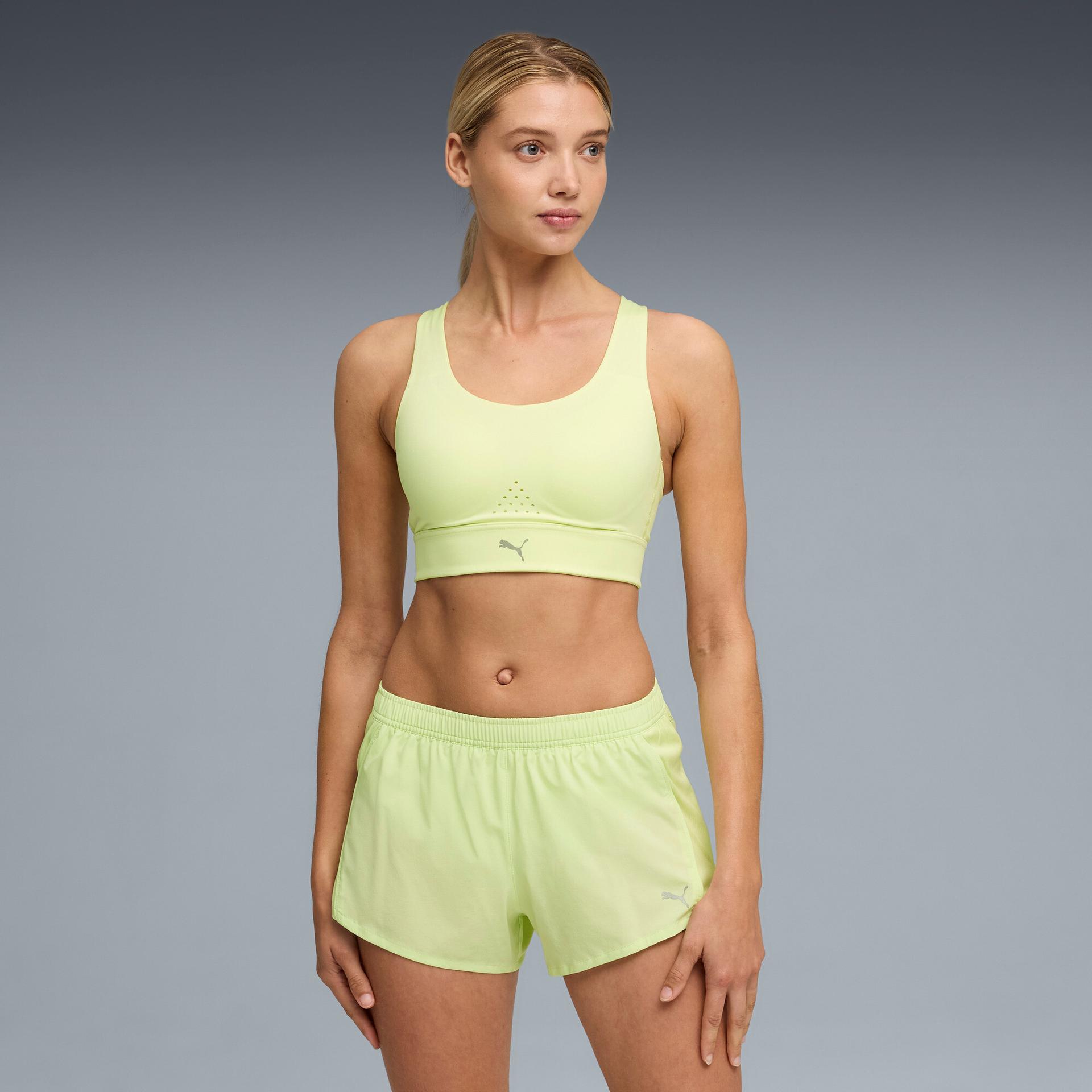 puma pwrbreathe run women's moisture wicking, high impact sports bra in green, size l