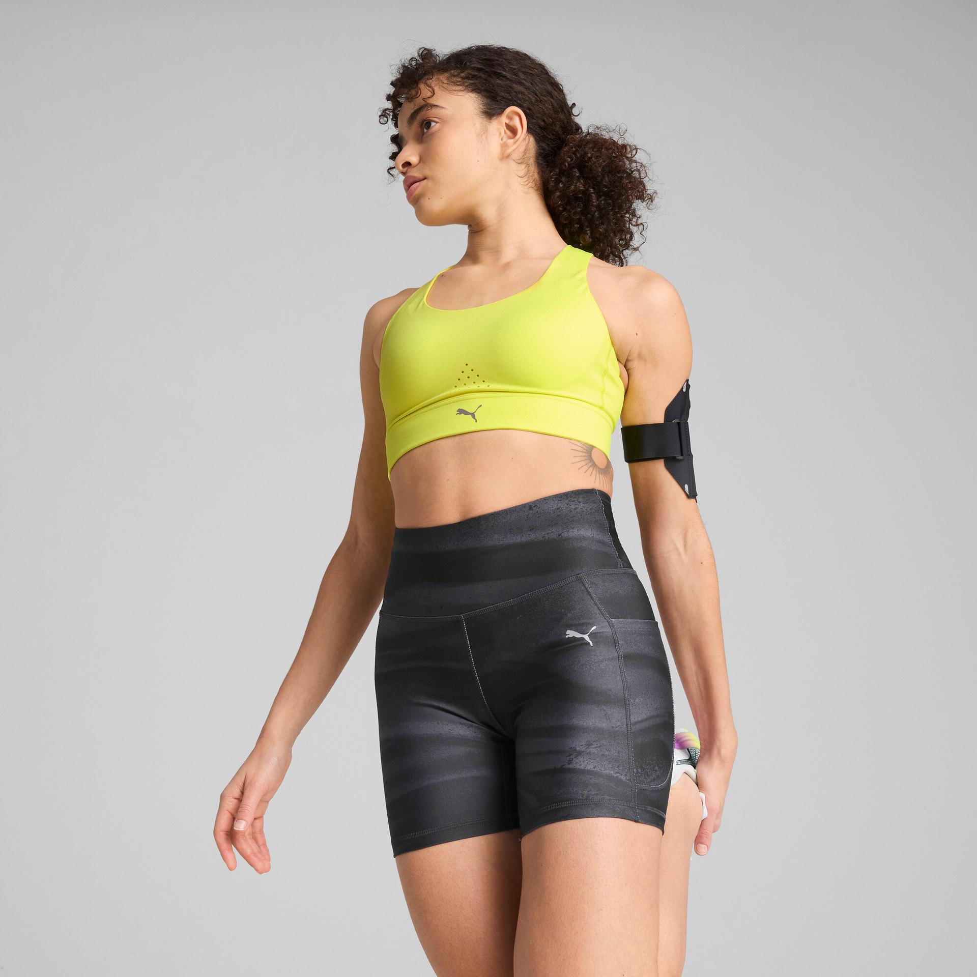 puma pwrbreathe run women's moisture wicking, high impact sports bra in yellow, size m